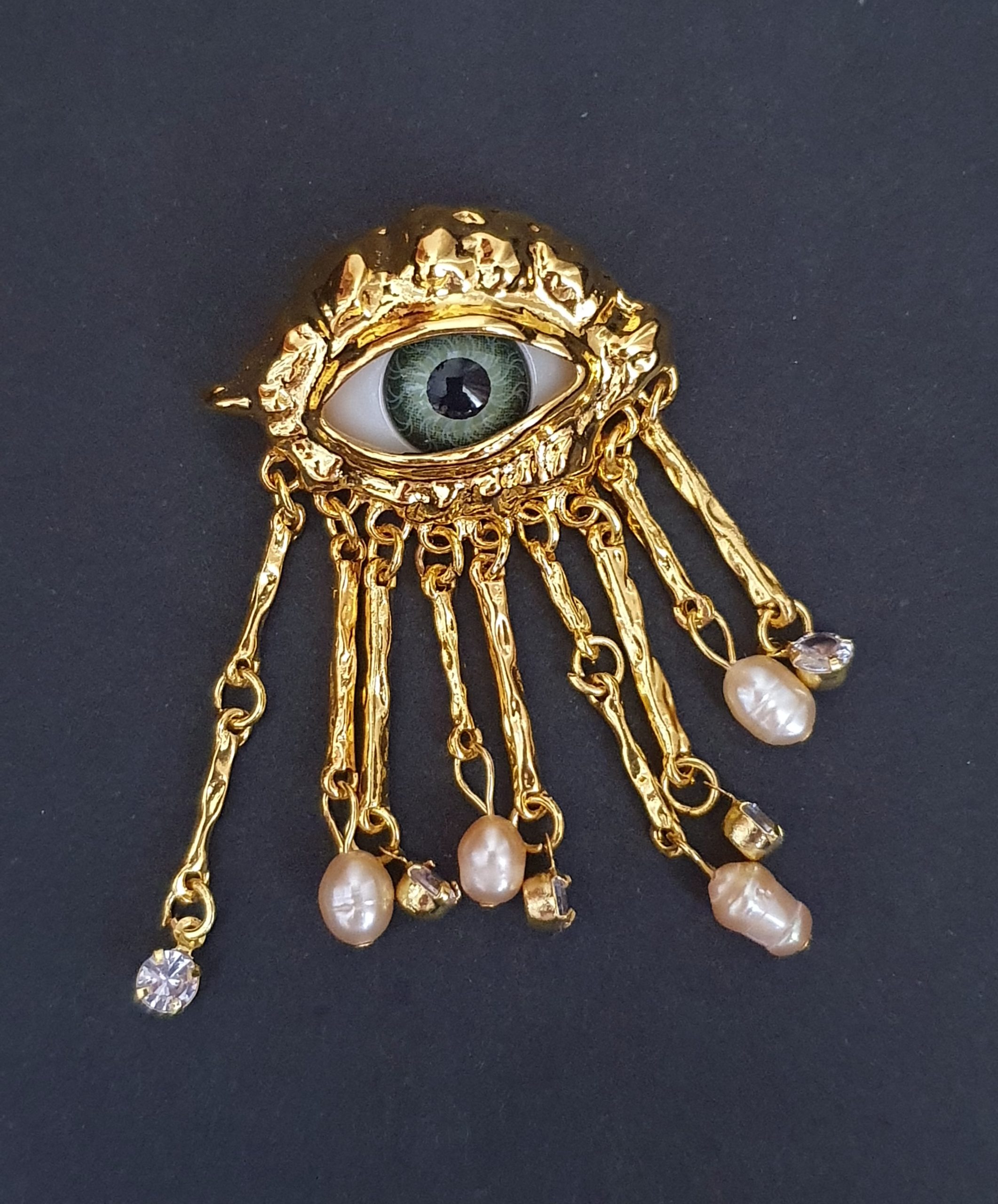 Golden-Tone Guardian Eye Brooch with Acrylic Beads & Crystals - Image 3