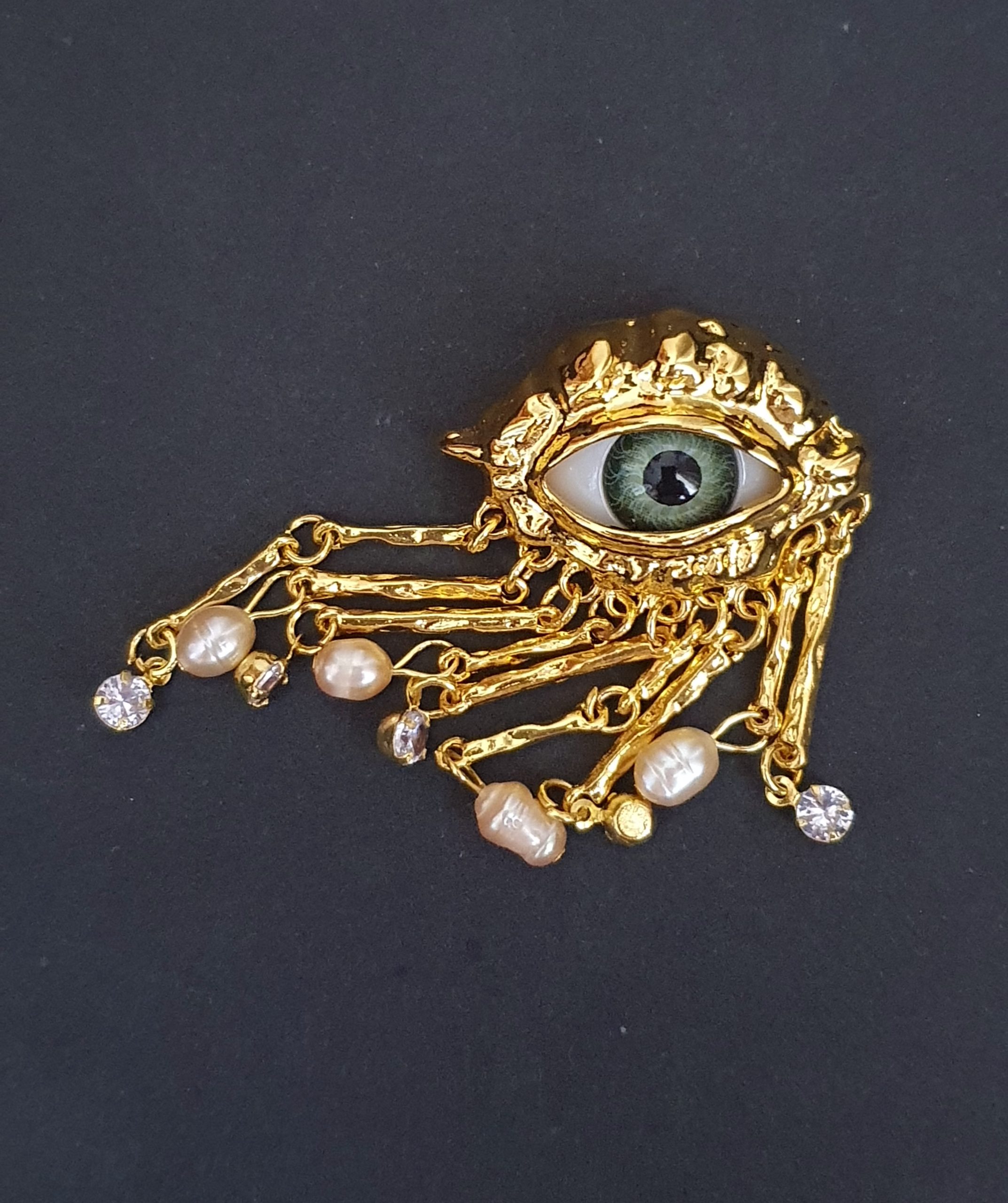 Golden-Tone Guardian Eye Brooch with Acrylic Beads & Crystals - Image 4