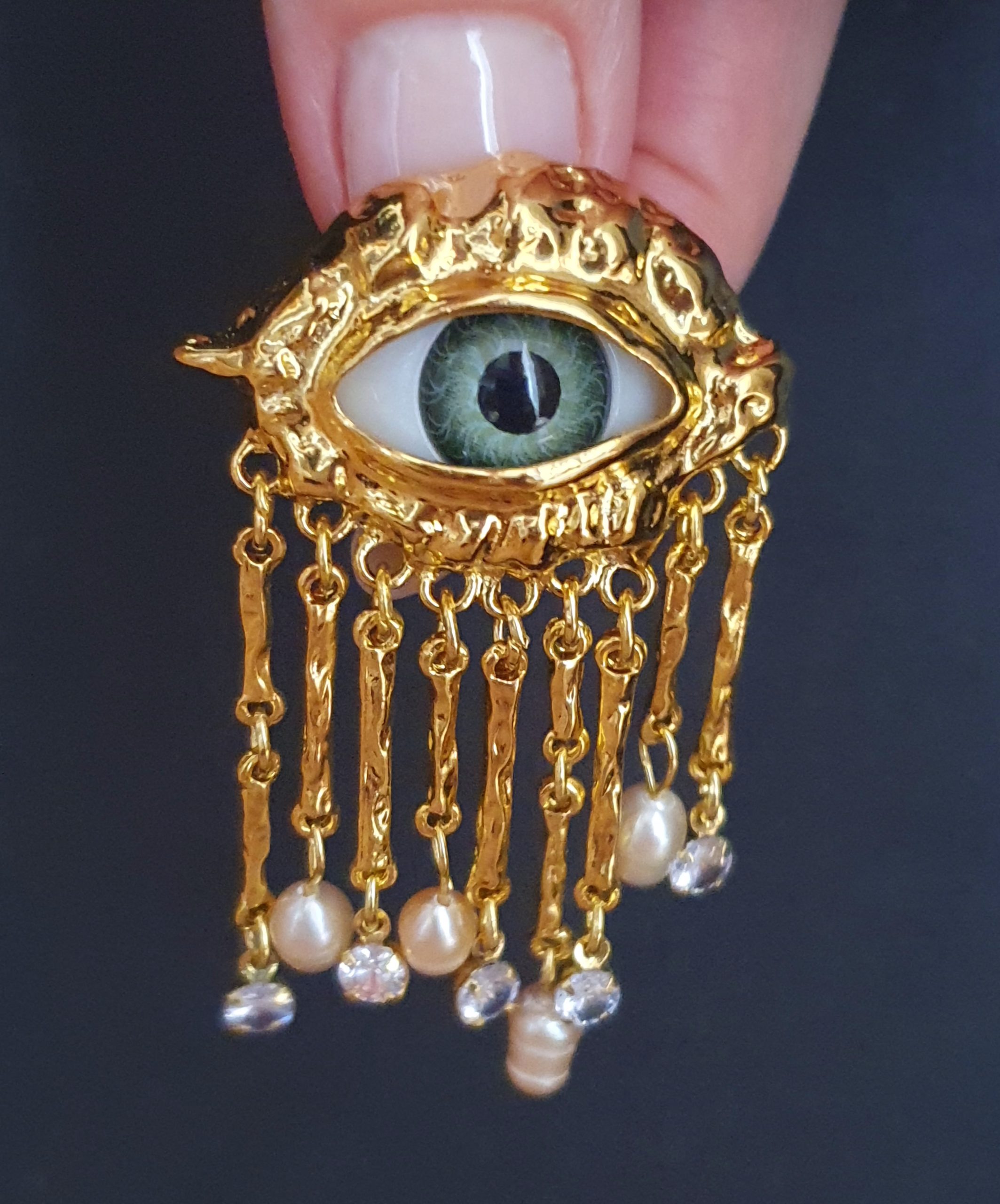 Golden-Tone Guardian Eye Brooch with Acrylic Beads & Crystals - Image 6