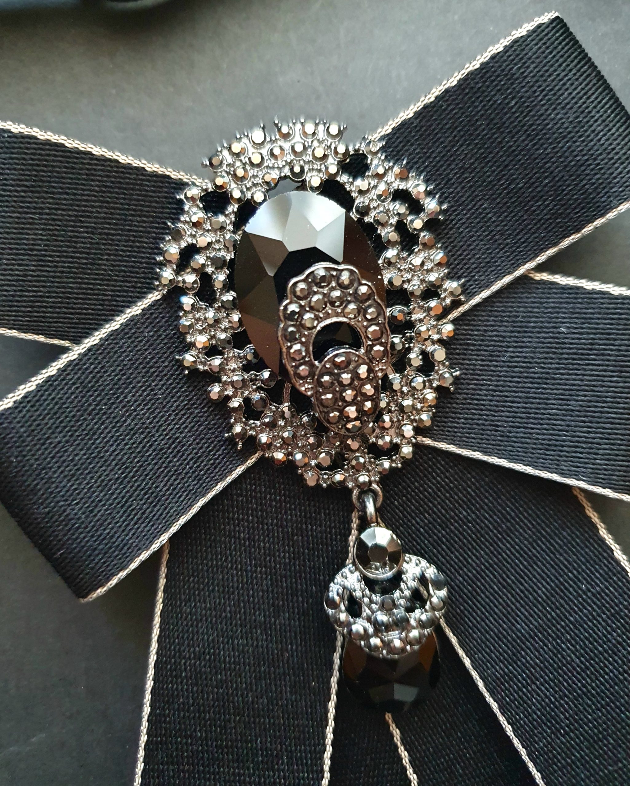 Luxurious Black Satin Gothic Jeweled Bow Tie Brooch - Image 3