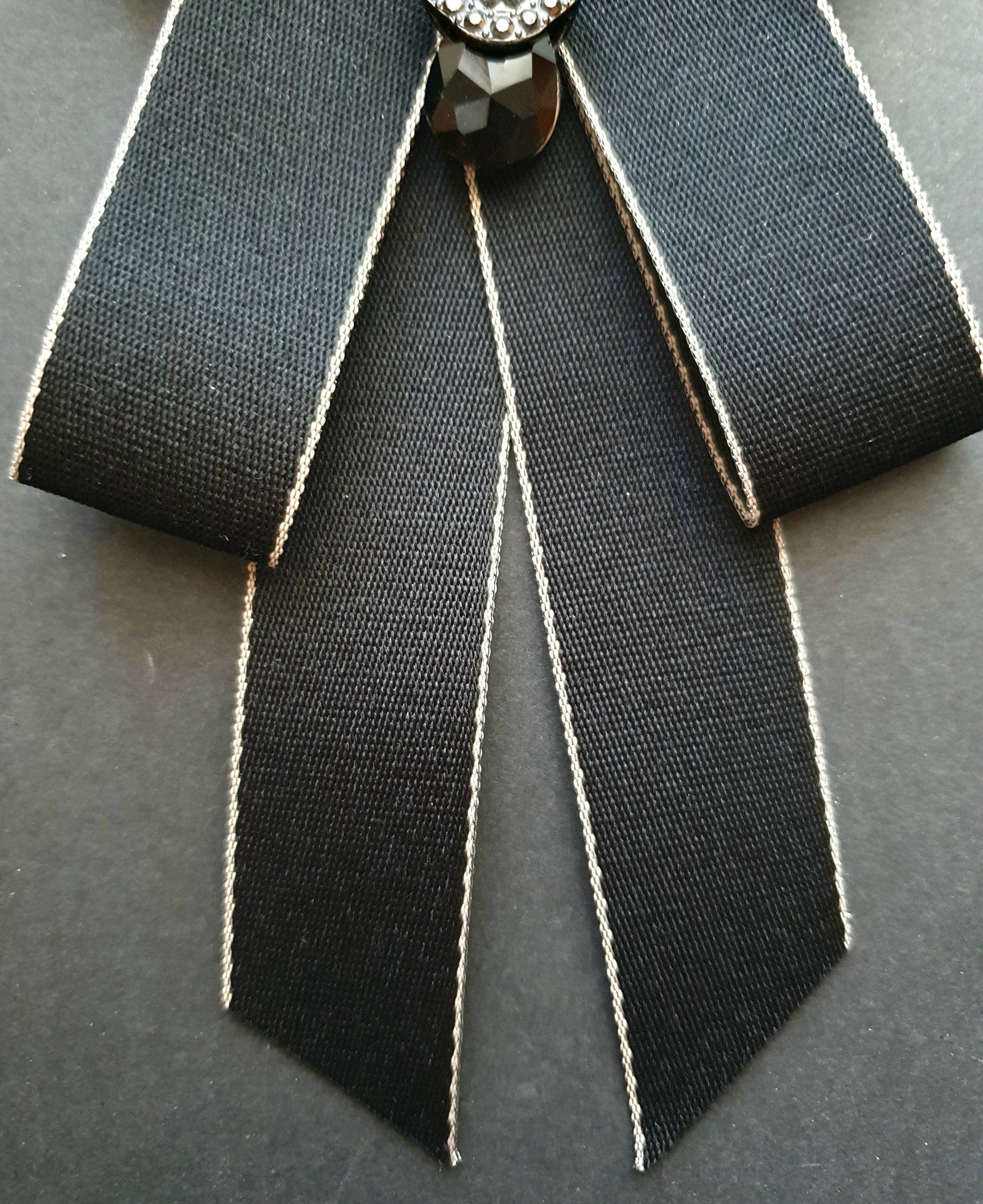 Luxurious Black Satin Gothic Jeweled Bow Tie Brooch - Image 4