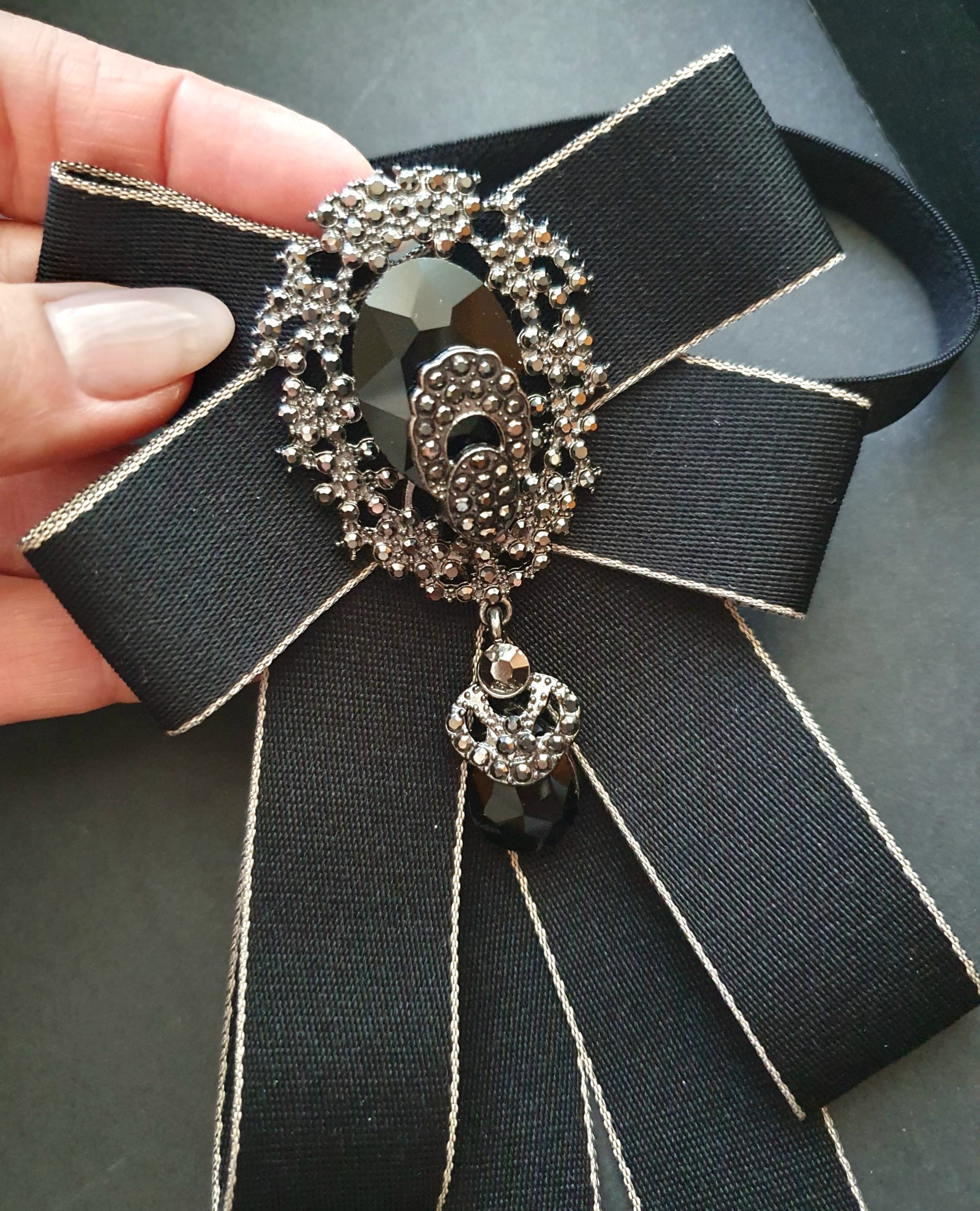 Luxurious Black Satin Gothic Jeweled Bow Tie Brooch - Image 5