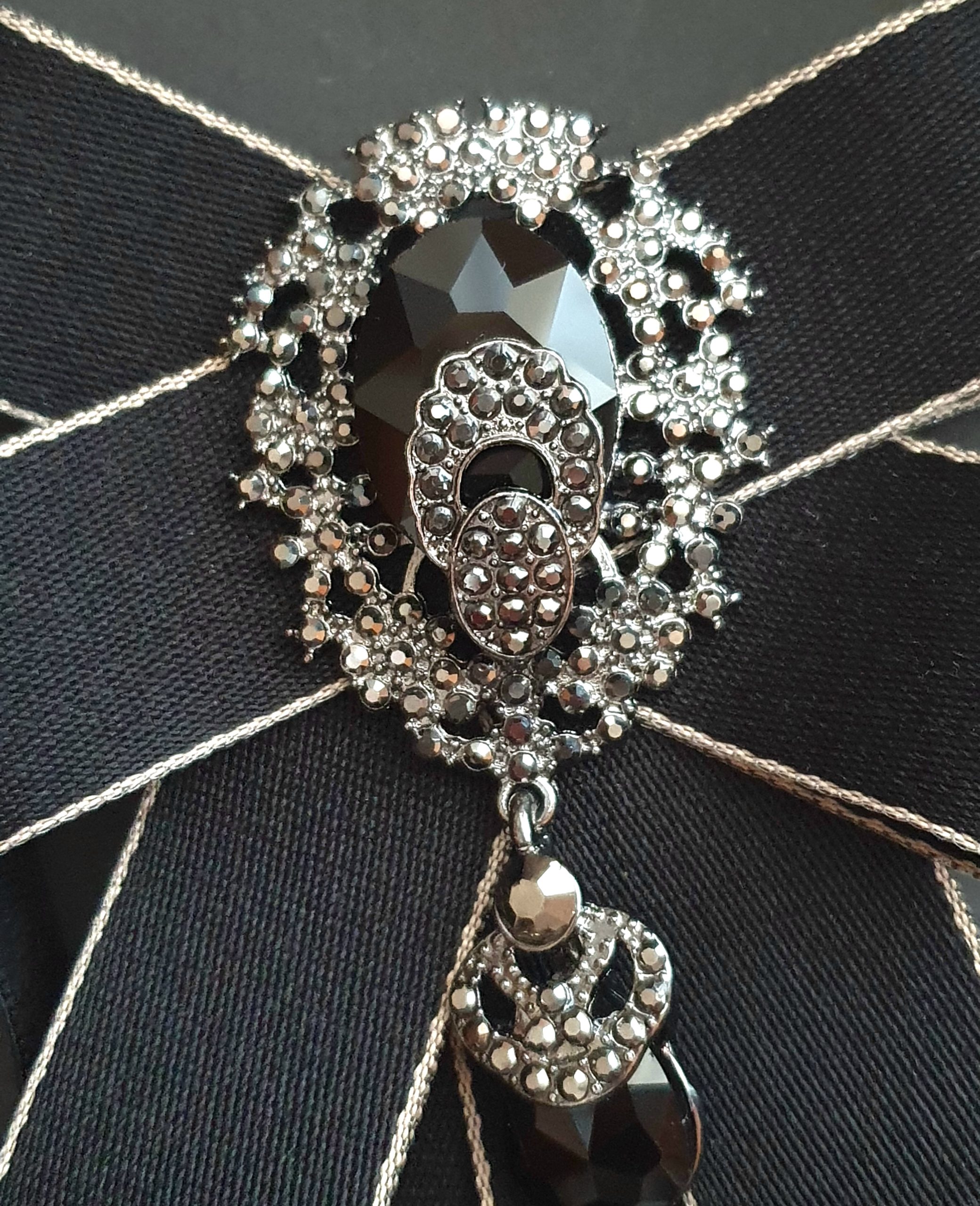 Luxurious Black Satin Gothic Jeweled Bow Tie Brooch - Image 6