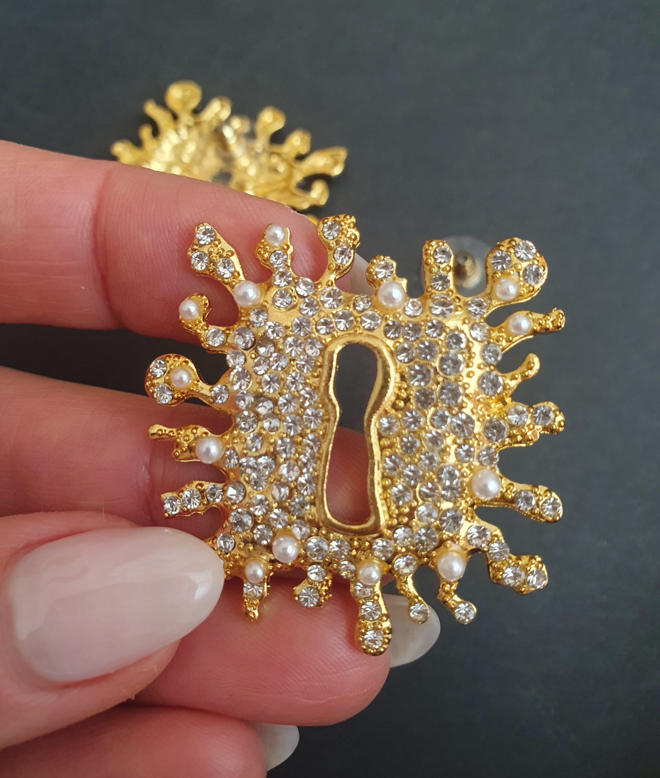 Luxury Gold-Tone Crystal & Acrylic Pearl Statement Earrings - Image 6