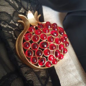 Pomegranate Brooch Pendant – Gold Tone & Deep Red Cabochons, Elegant Statement Jewelry