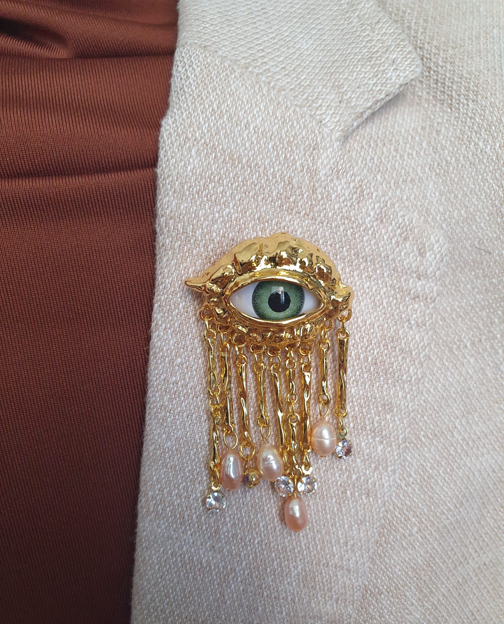 Golden-Tone Guardian Eye Brooch with Acrylic Beads & Crystals - Image 2
