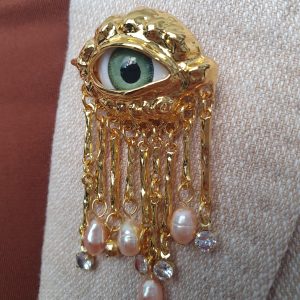 Golden-Tone Guardian Eye Brooch with Acrylic Beads & Crystals