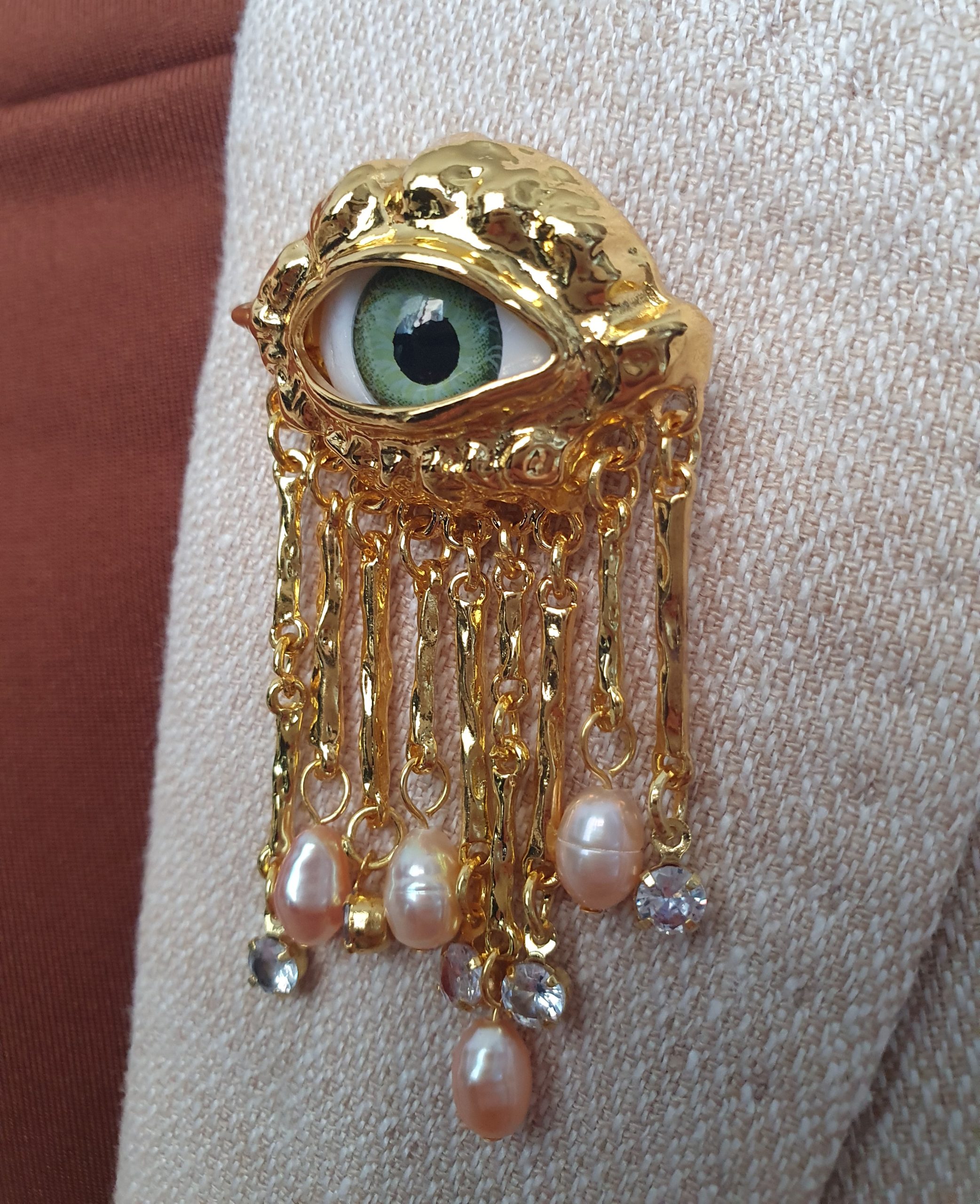Golden-Tone Guardian Eye Brooch with Acrylic Beads & Crystals