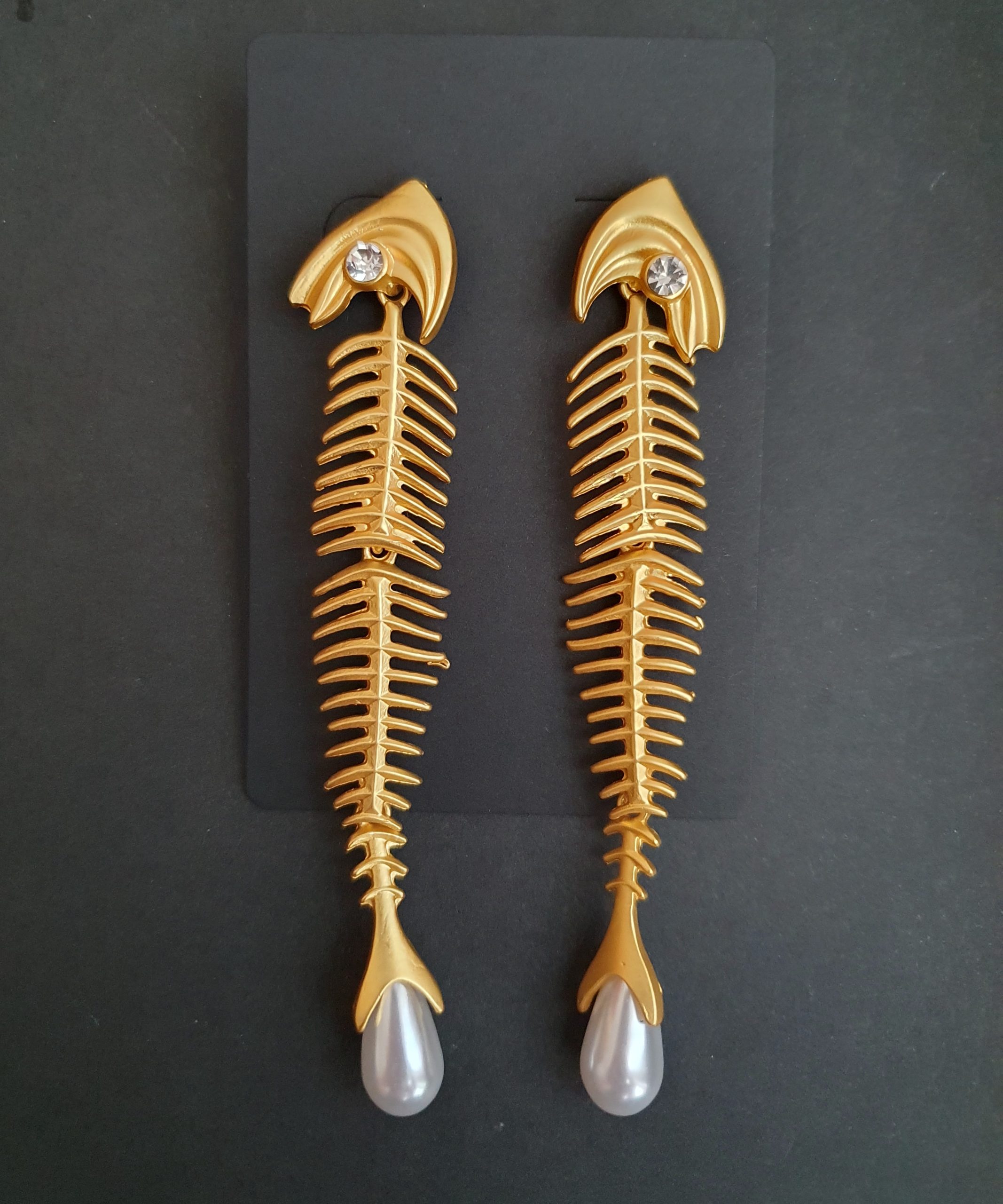 Luxurious Gold Fish Skeleton Drop Earrings with Pearl & Crystal - Image 2