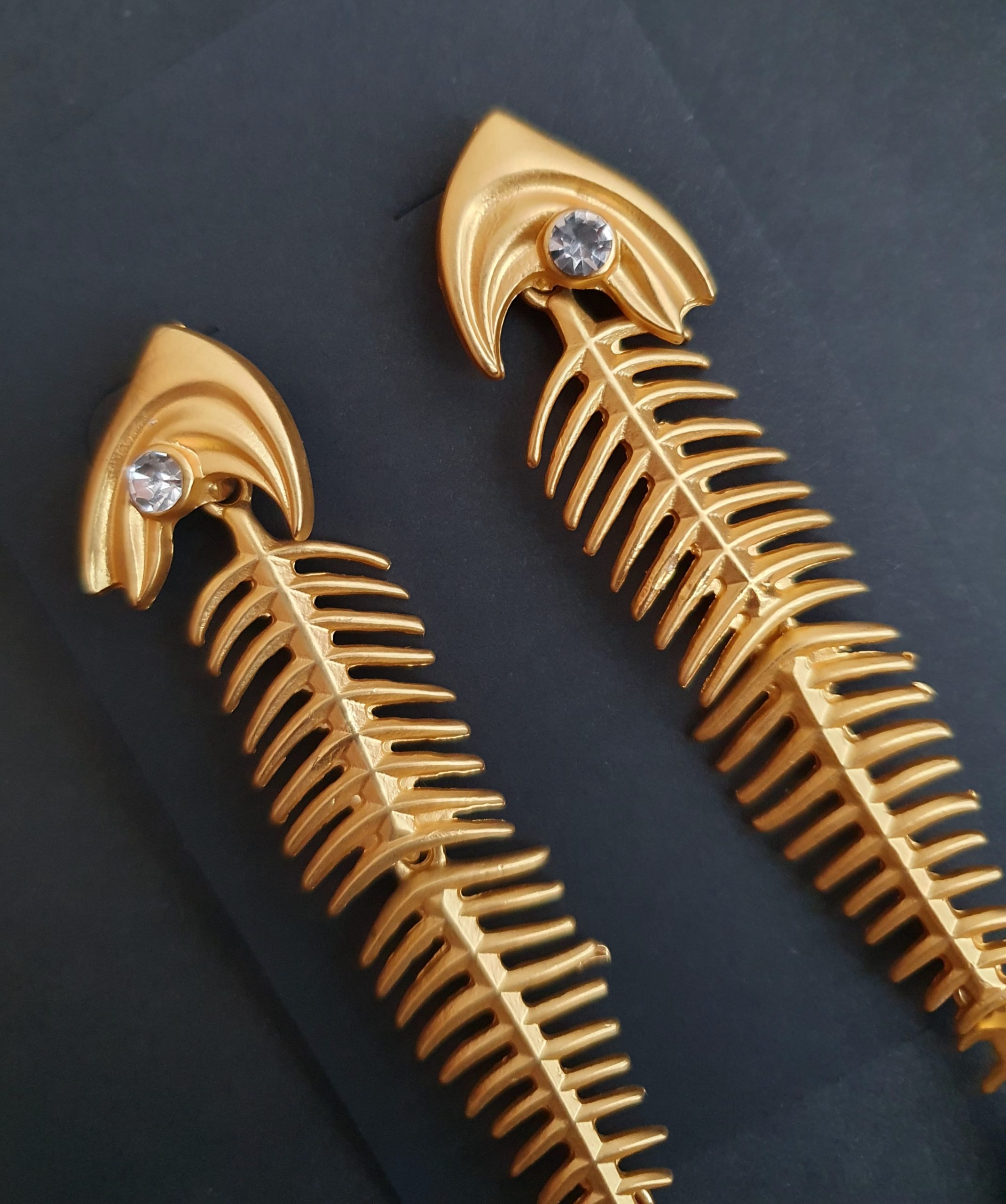 Luxurious Gold Fish Skeleton Drop Earrings with Pearl & Crystal - Image 4