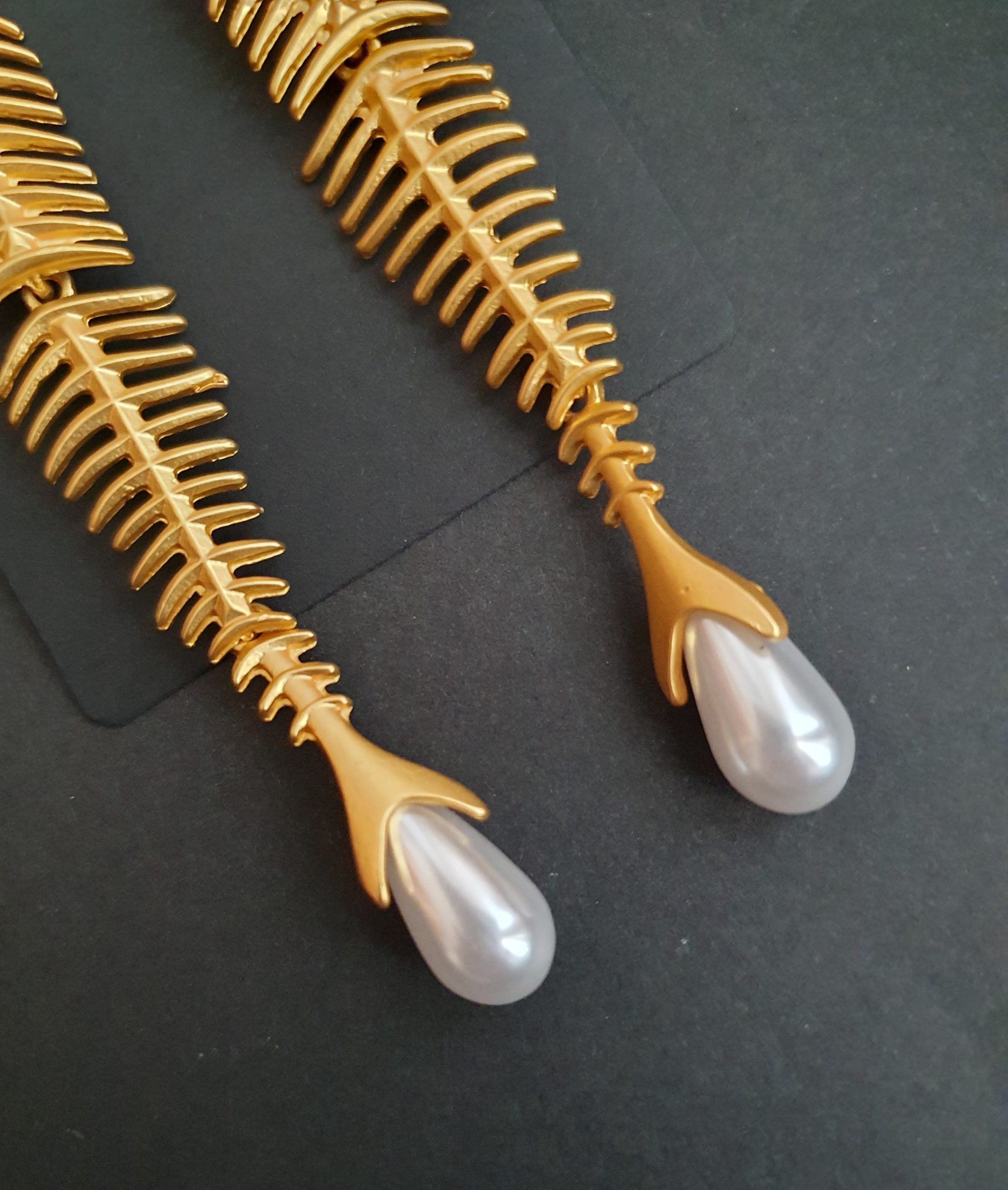 Luxurious Gold Fish Skeleton Drop Earrings with Pearl & Crystal - Image 5