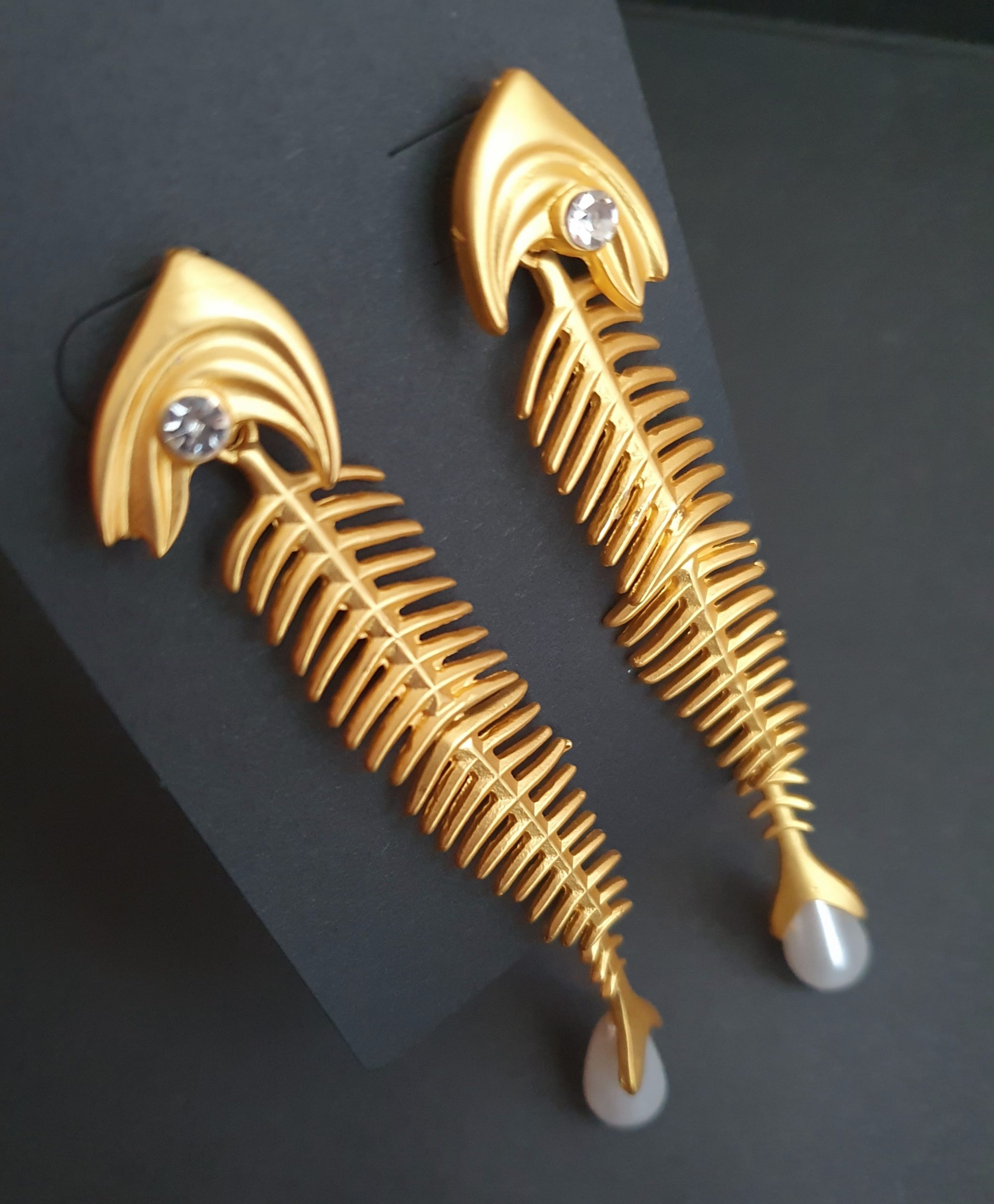 Luxurious Gold Fish Skeleton Drop Earrings with Pearl & Crystal - Image 6