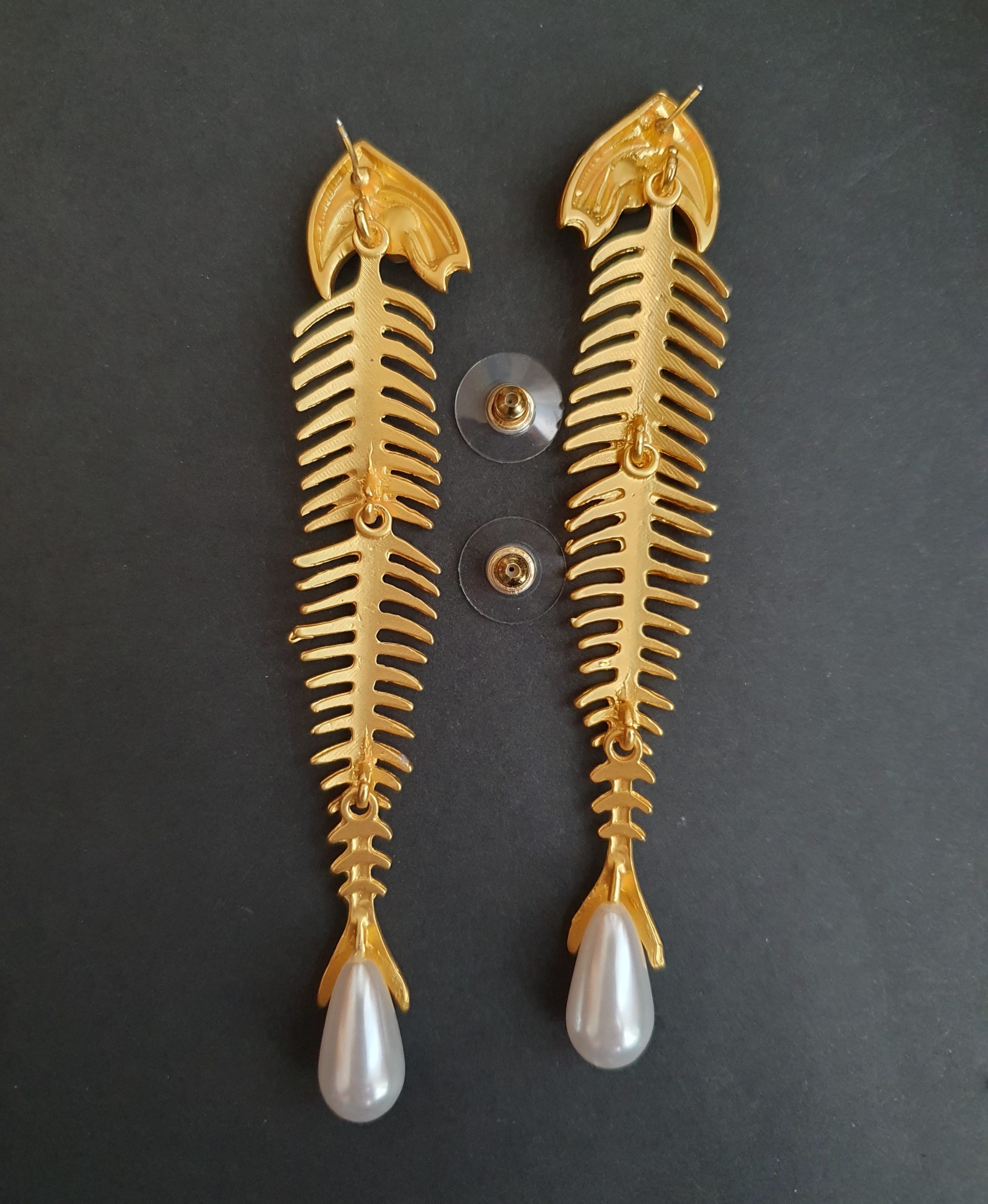Luxurious Gold Fish Skeleton Drop Earrings with Pearl & Crystal - Image 3