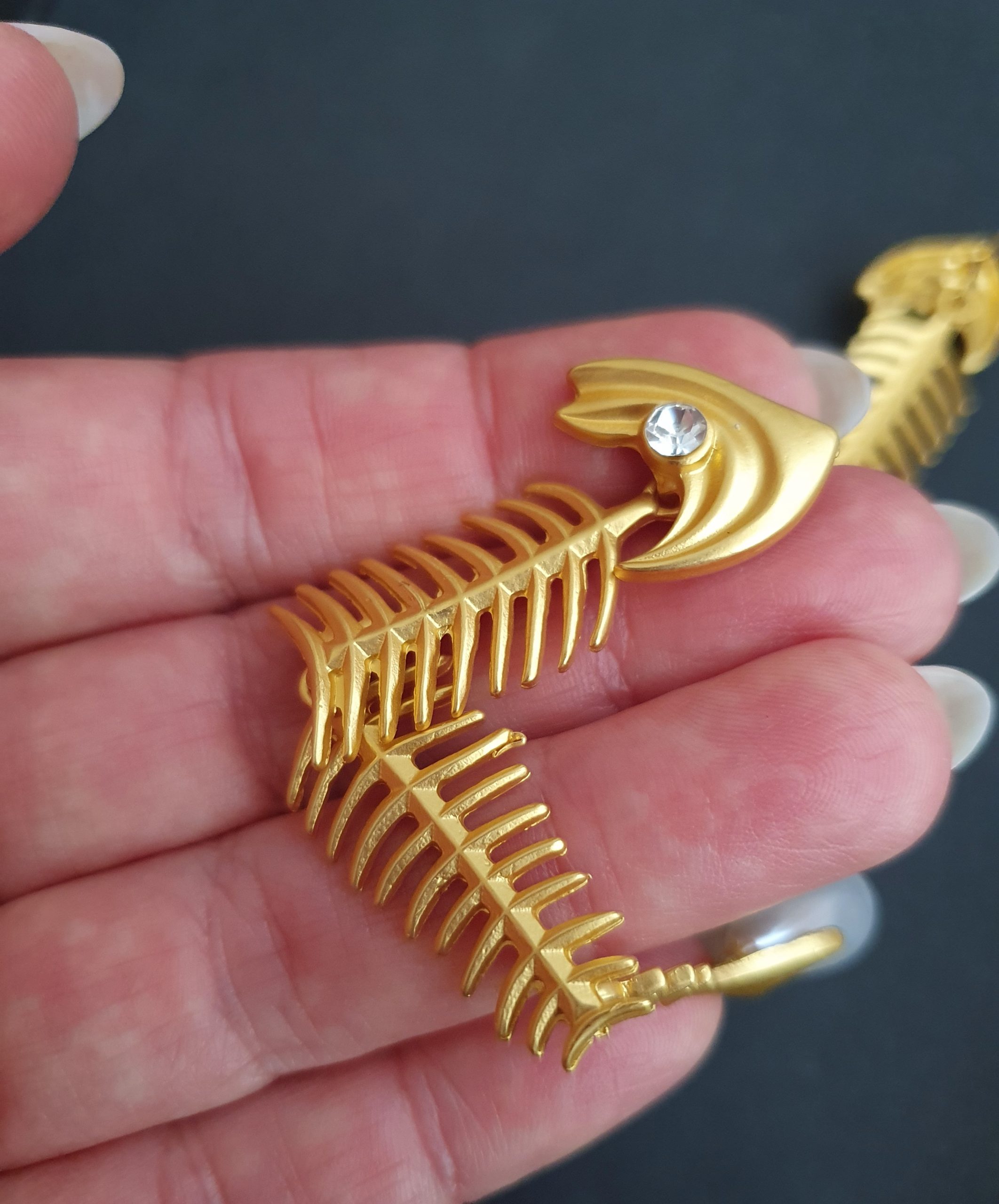 Luxurious Gold Fish Skeleton Drop Earrings with Pearl & Crystal - Image 7
