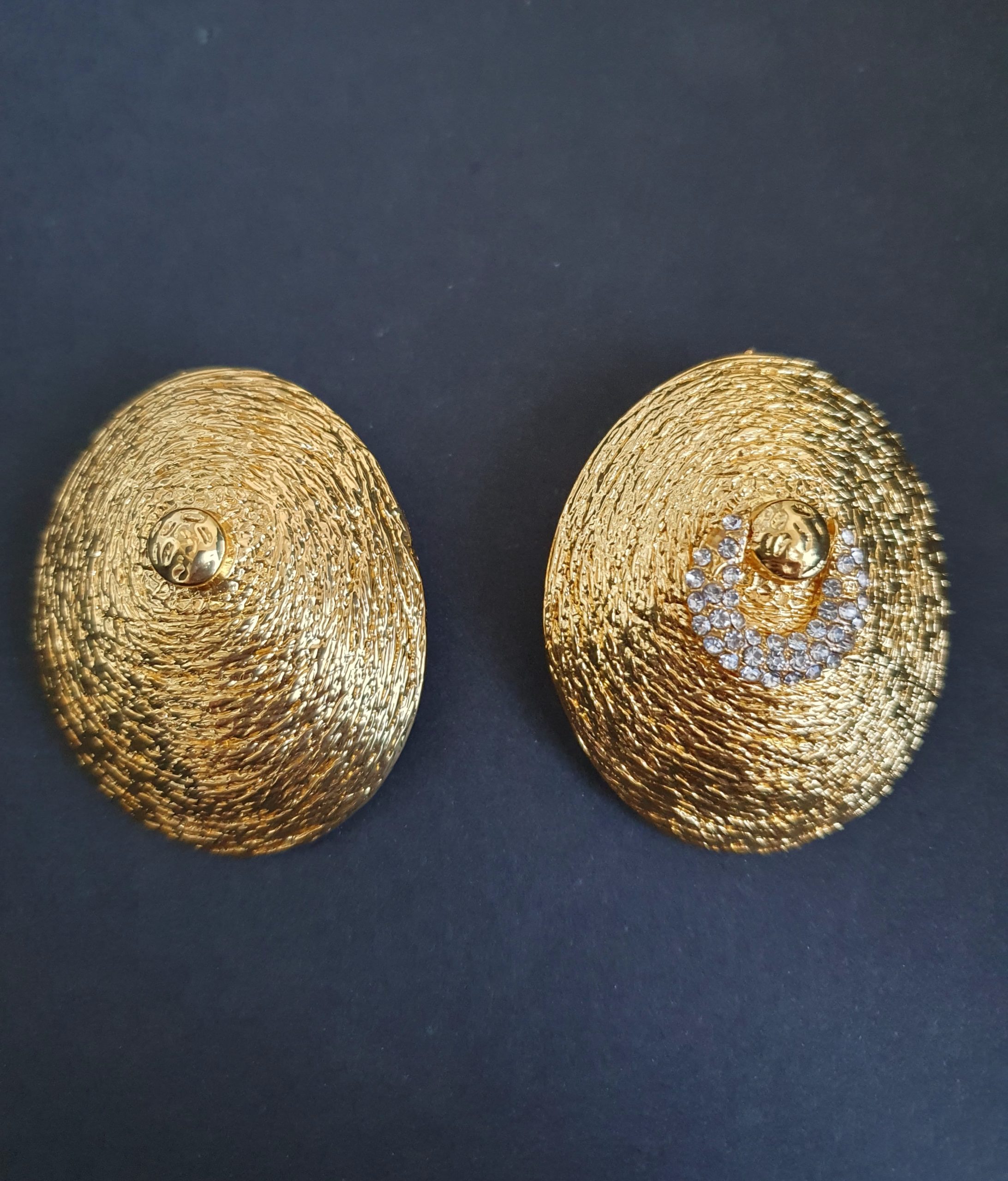 Textured Hammered Gold Statement Earrings with Crystal Crescent Detail - Image 7