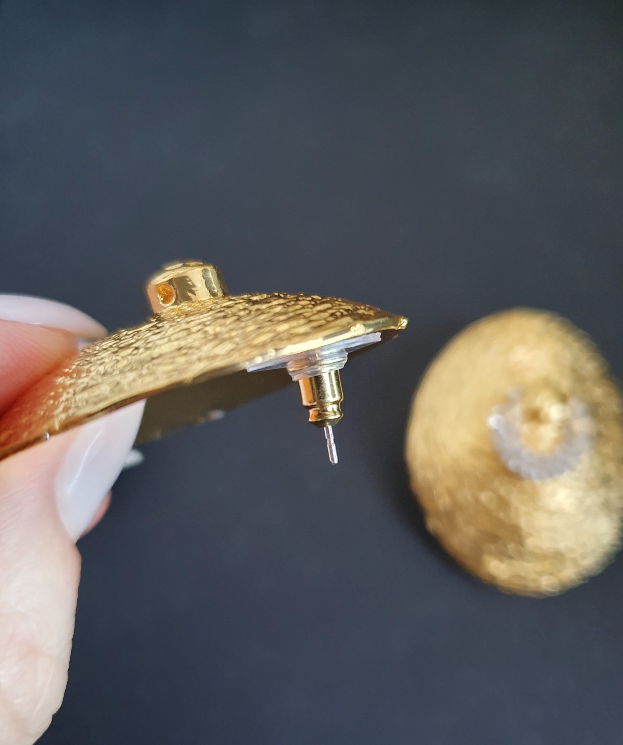 Textured Hammered Gold Statement Earrings with Crystal Crescent Detail - Image 6