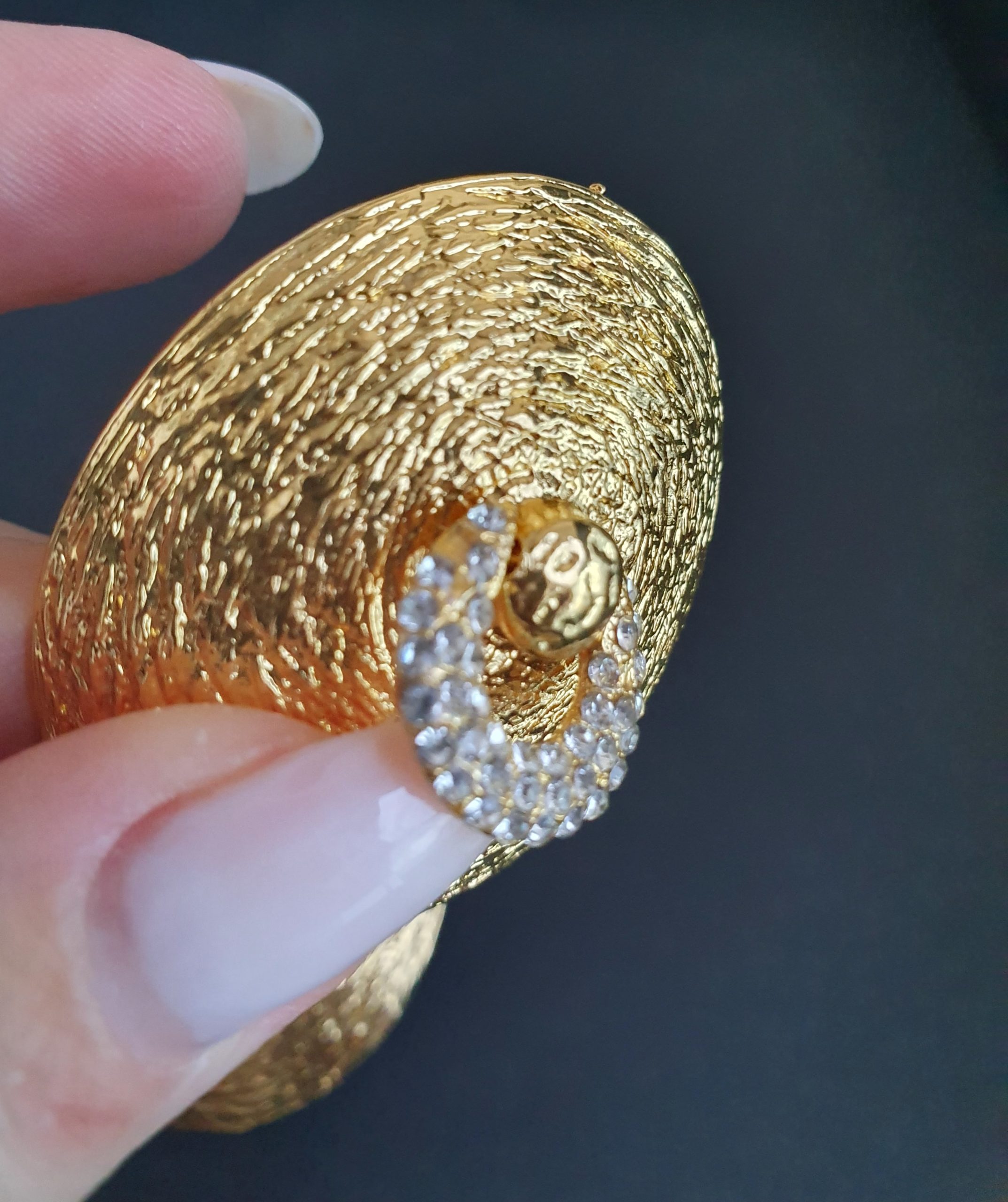 Textured Hammered Gold Statement Earrings with Crystal Crescent Detail - Image 5
