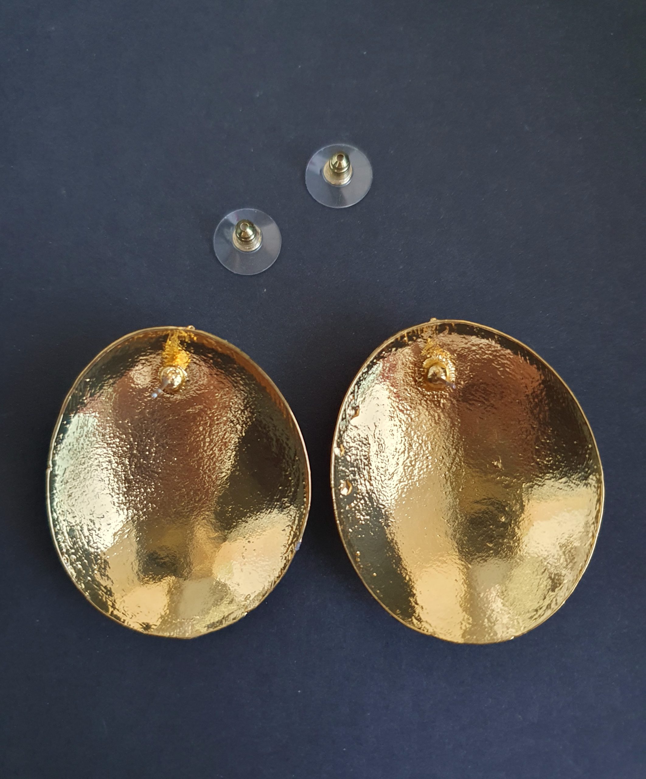 Textured Hammered Gold Statement Earrings with Crystal Crescent Detail - Image 3