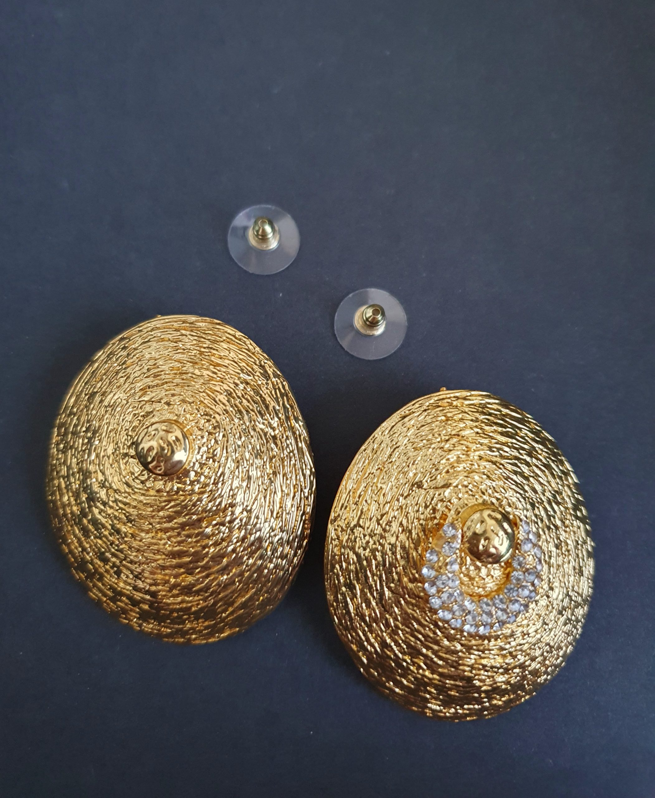 Textured Hammered Gold Statement Earrings with Crystal Crescent Detail - Image 2
