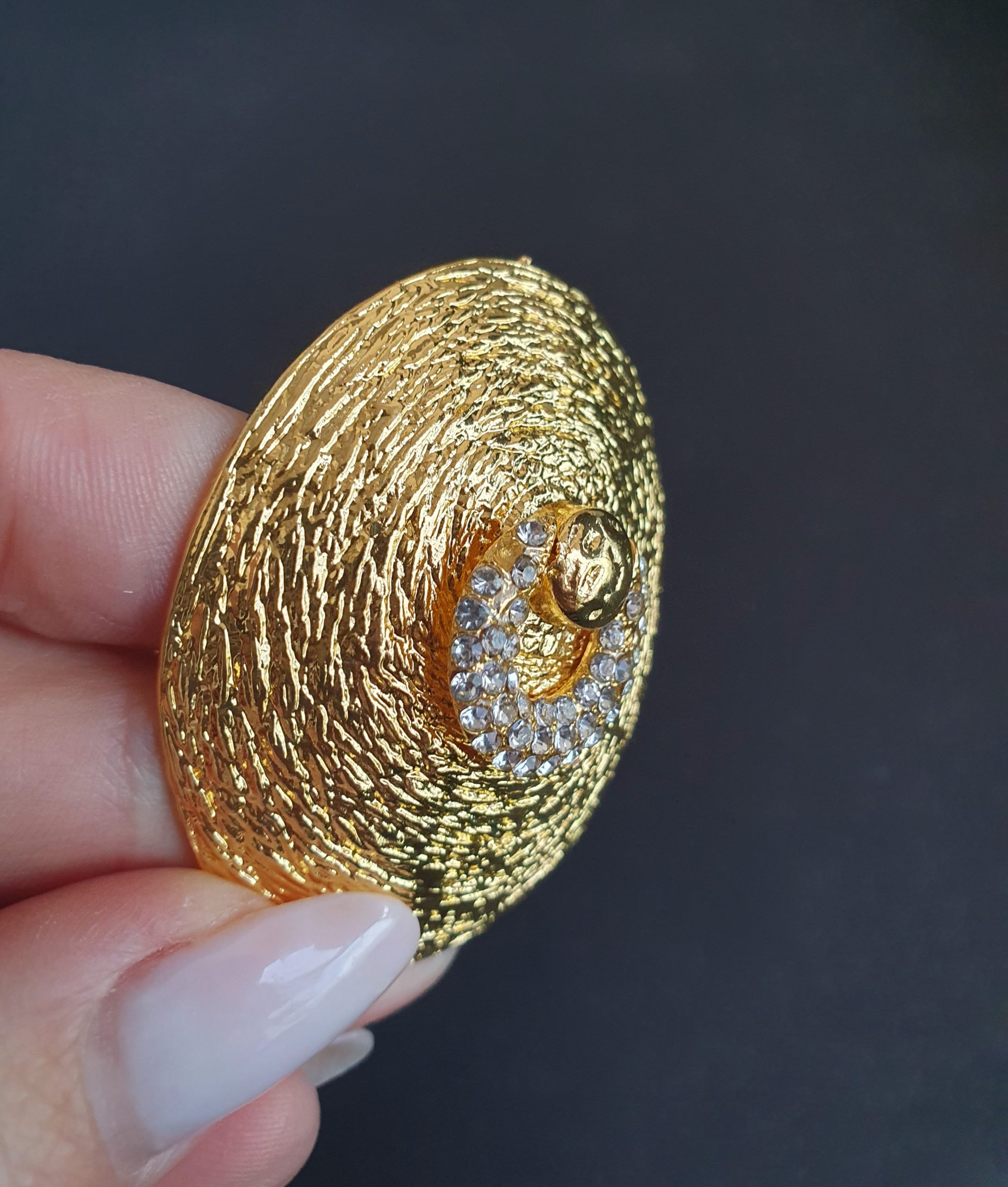 Textured Hammered Gold Statement Earrings with Crystal Crescent Detail - Image 4