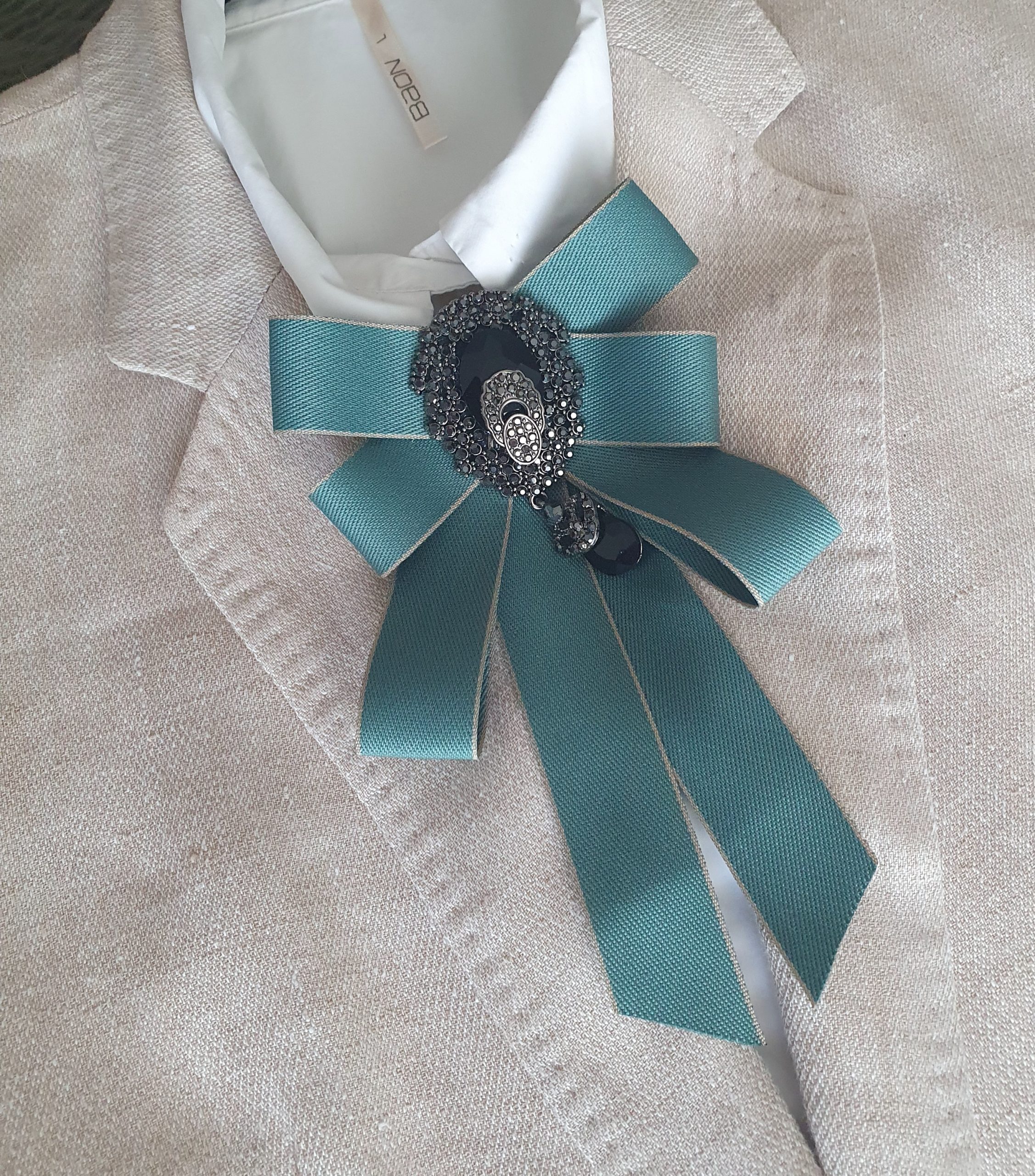 Luxury Teal Satin Jeweled Bow Tie Brooch - Image 2