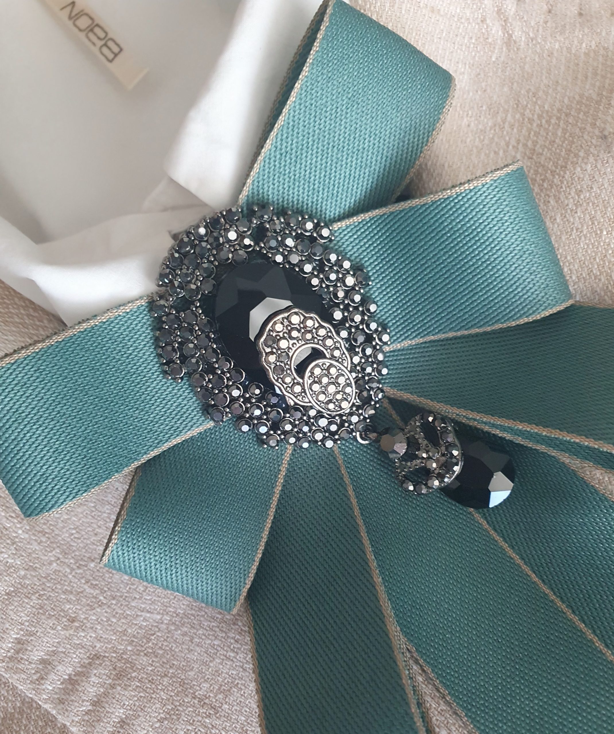 Luxury Teal Satin Jeweled Bow Tie Brooch - Image 3