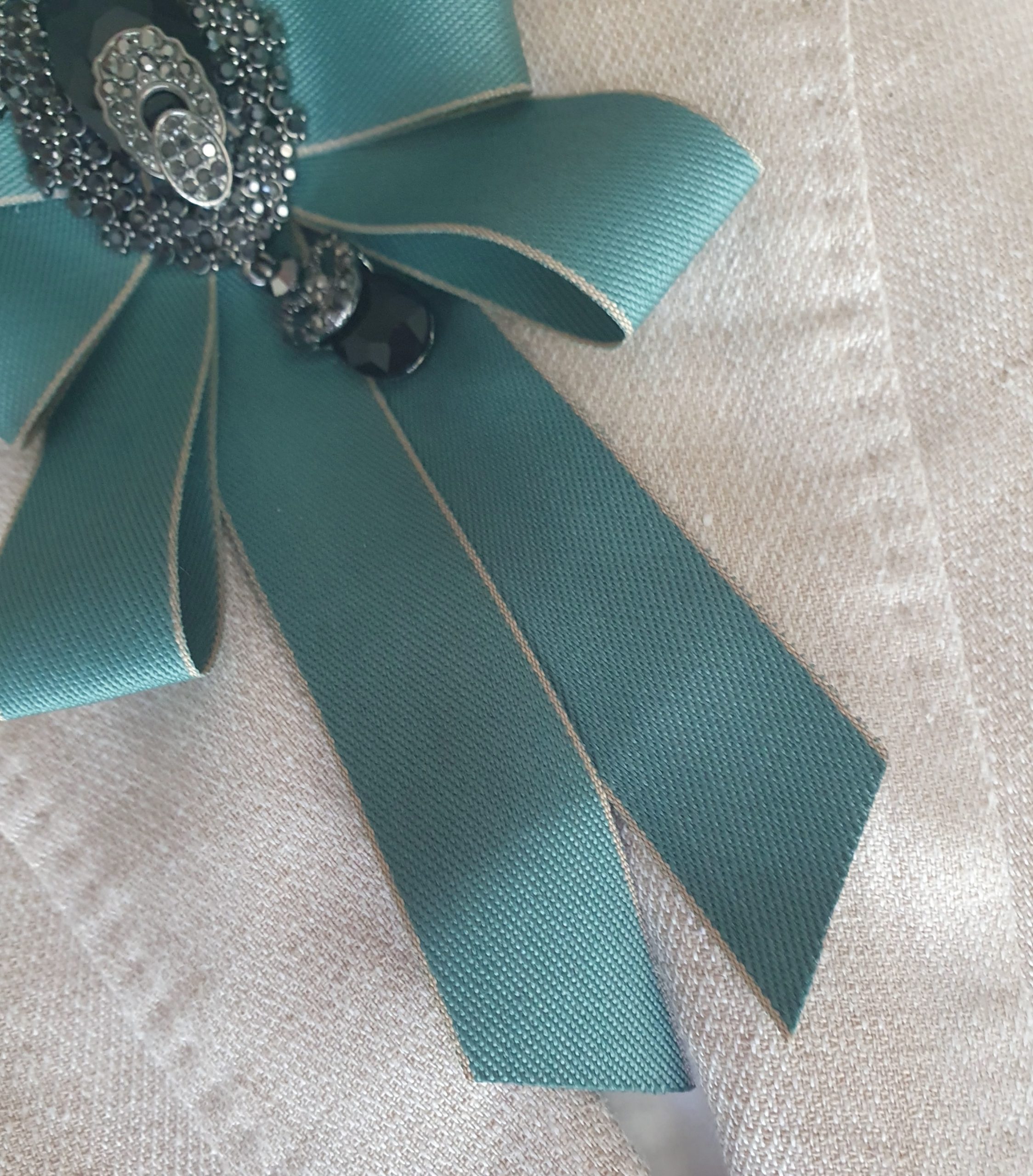 Luxury Teal Satin Jeweled Bow Tie Brooch - Image 4