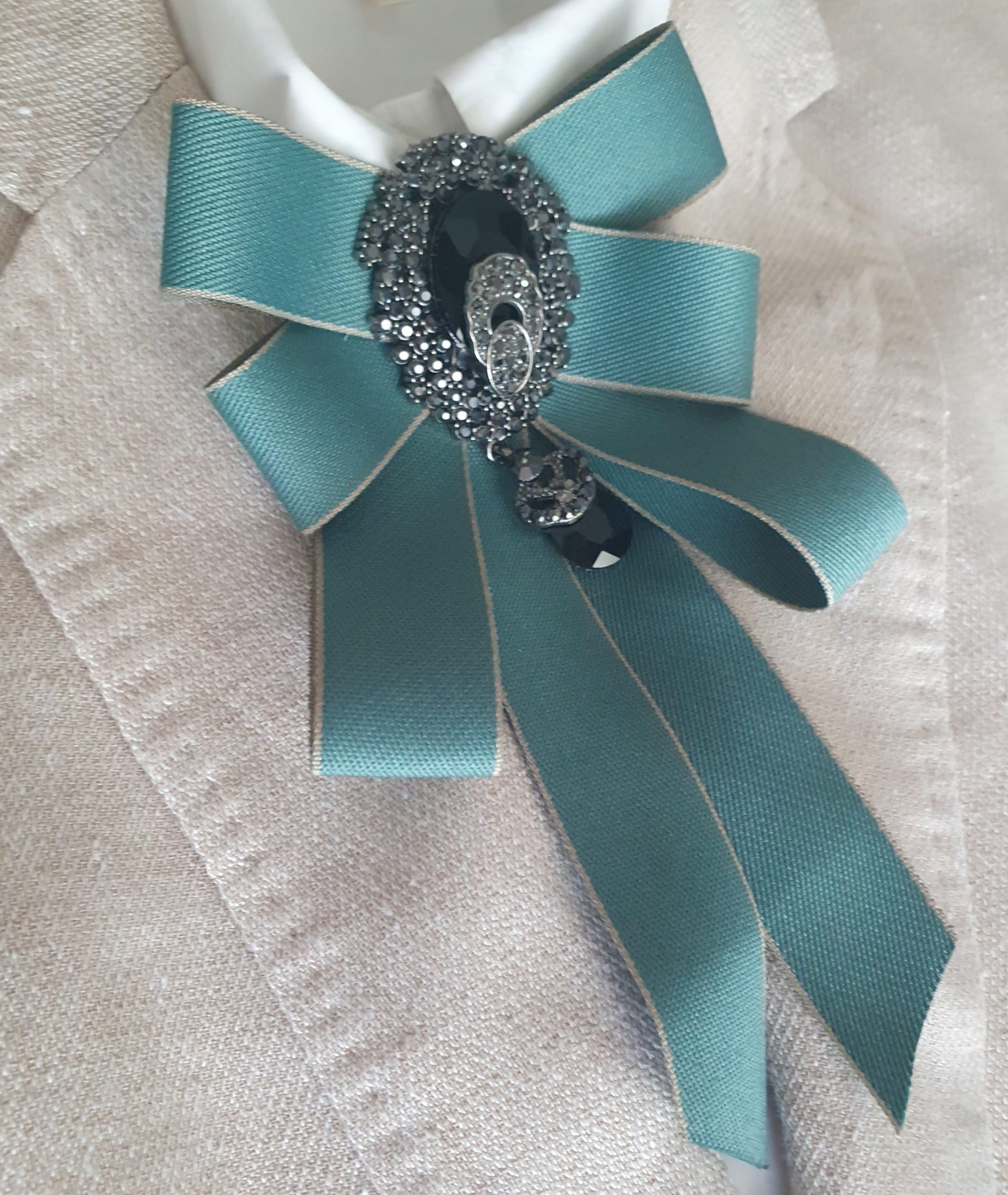 Luxury Teal Satin Jeweled Bow Tie Brooch - Image 5