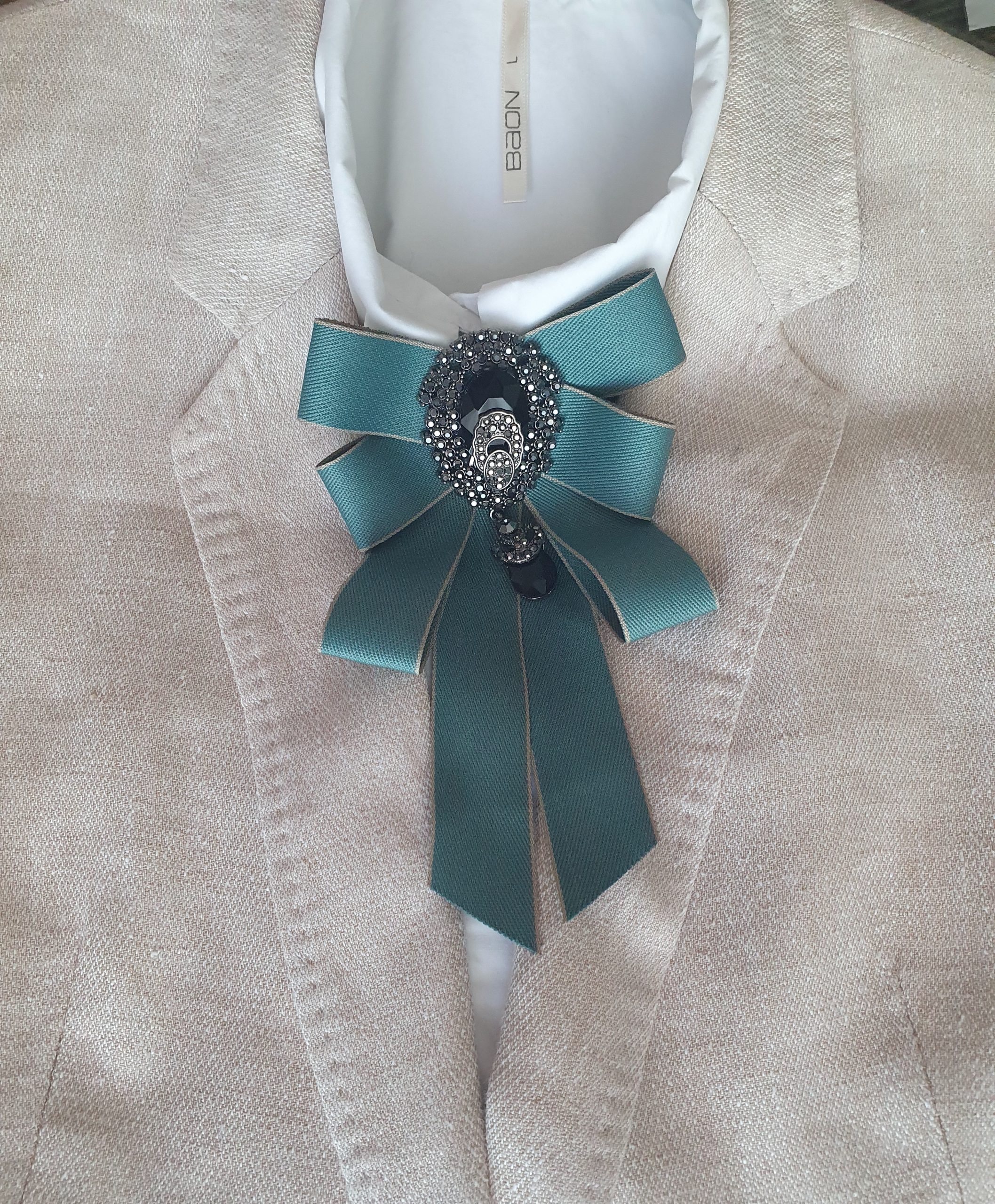 Luxury Teal Satin Jeweled Bow Tie Brooch - Image 6