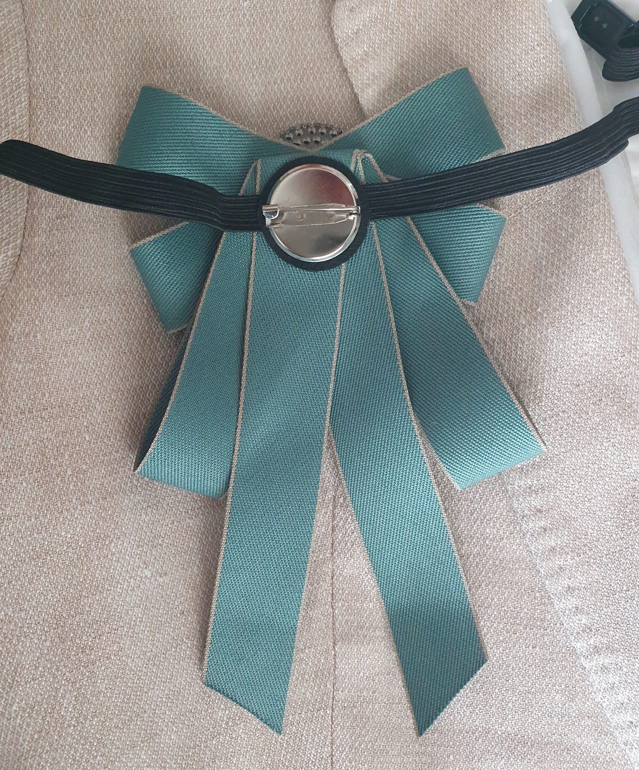 Luxury Teal Satin Jeweled Bow Tie Brooch - Image 7