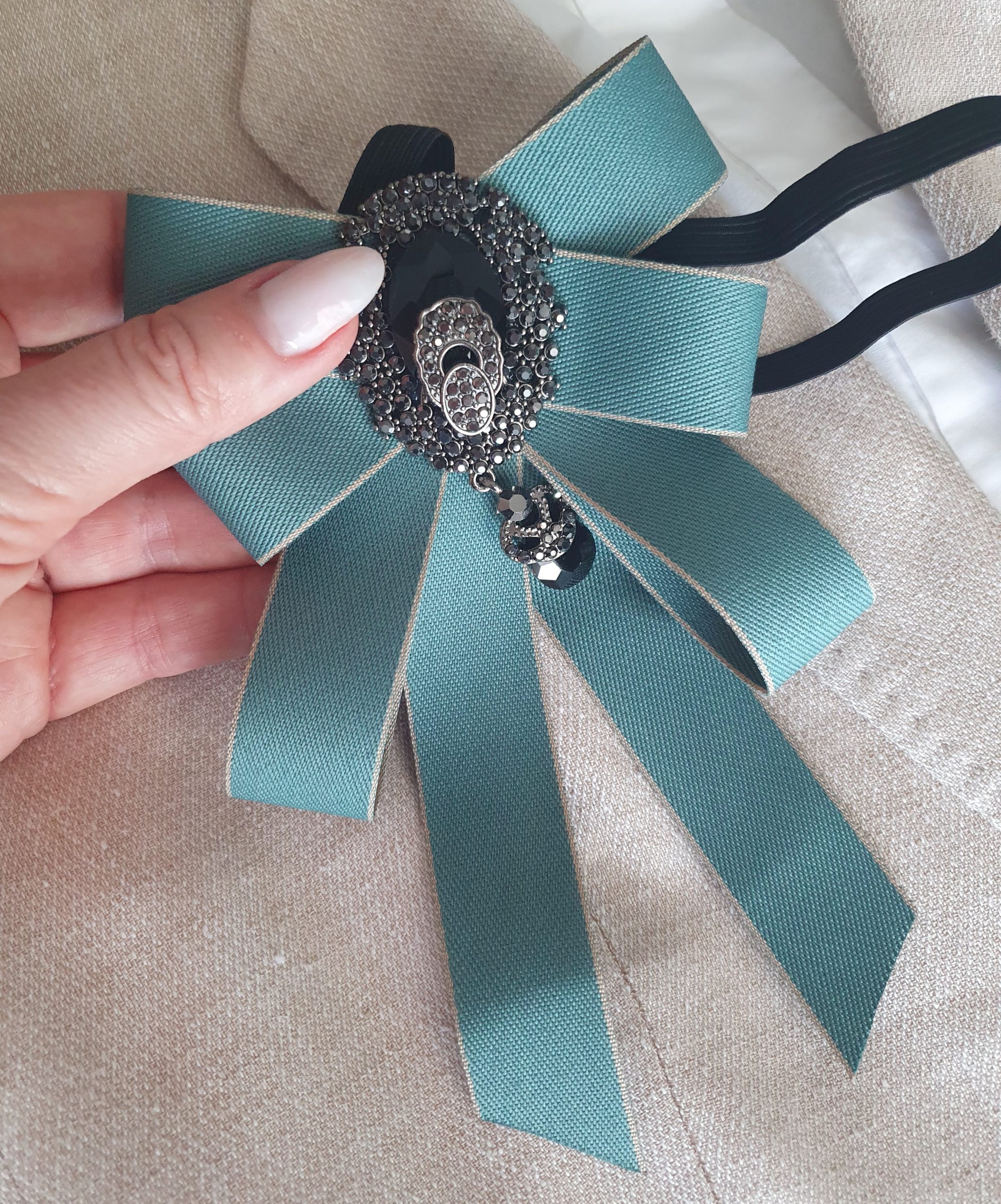 Luxury Teal Satin Jeweled Bow Tie Brooch - Image 9