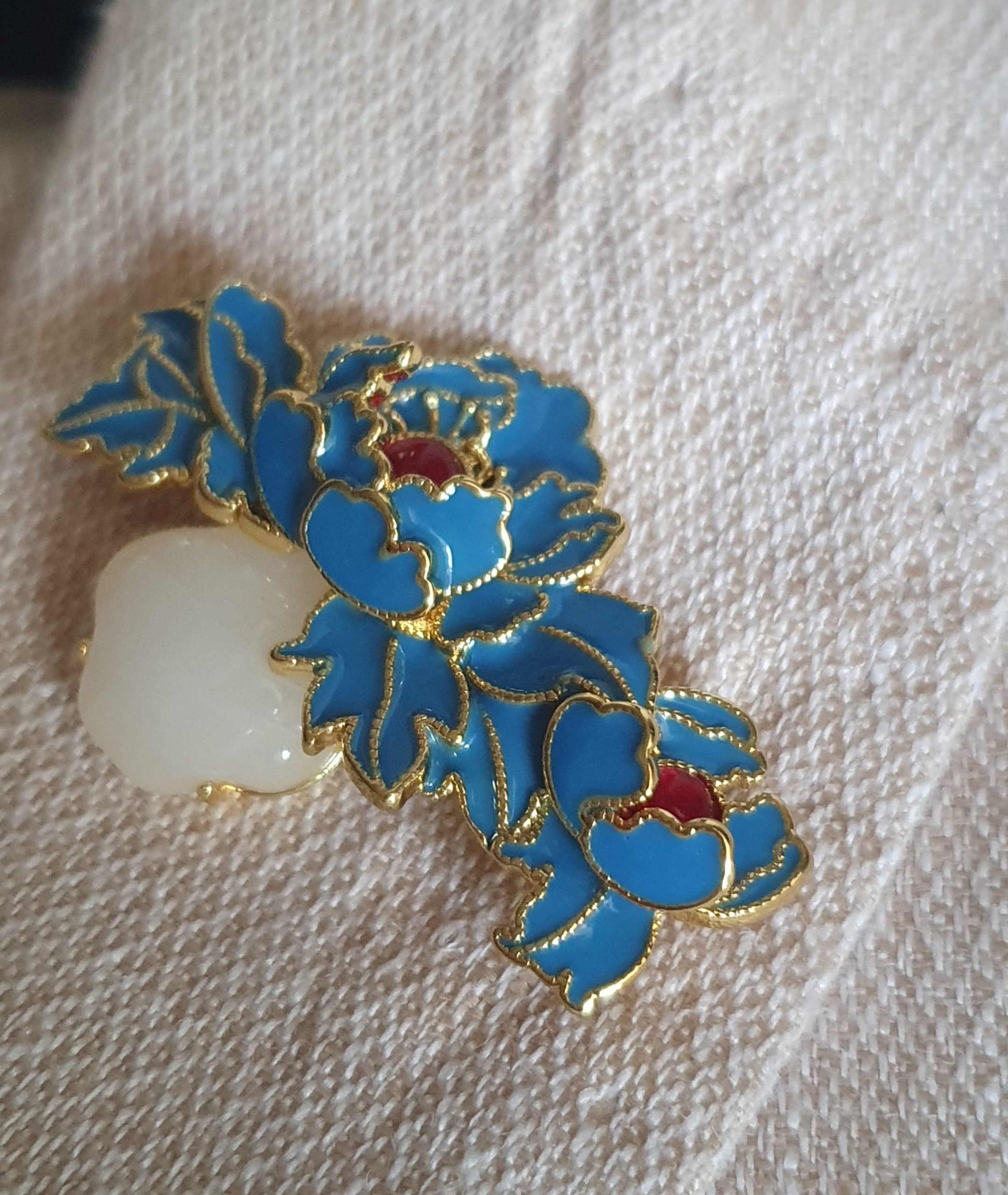 Luxury Blue Turquoise Floral Enamel Brooch with Natural Stone Accent - Image 3