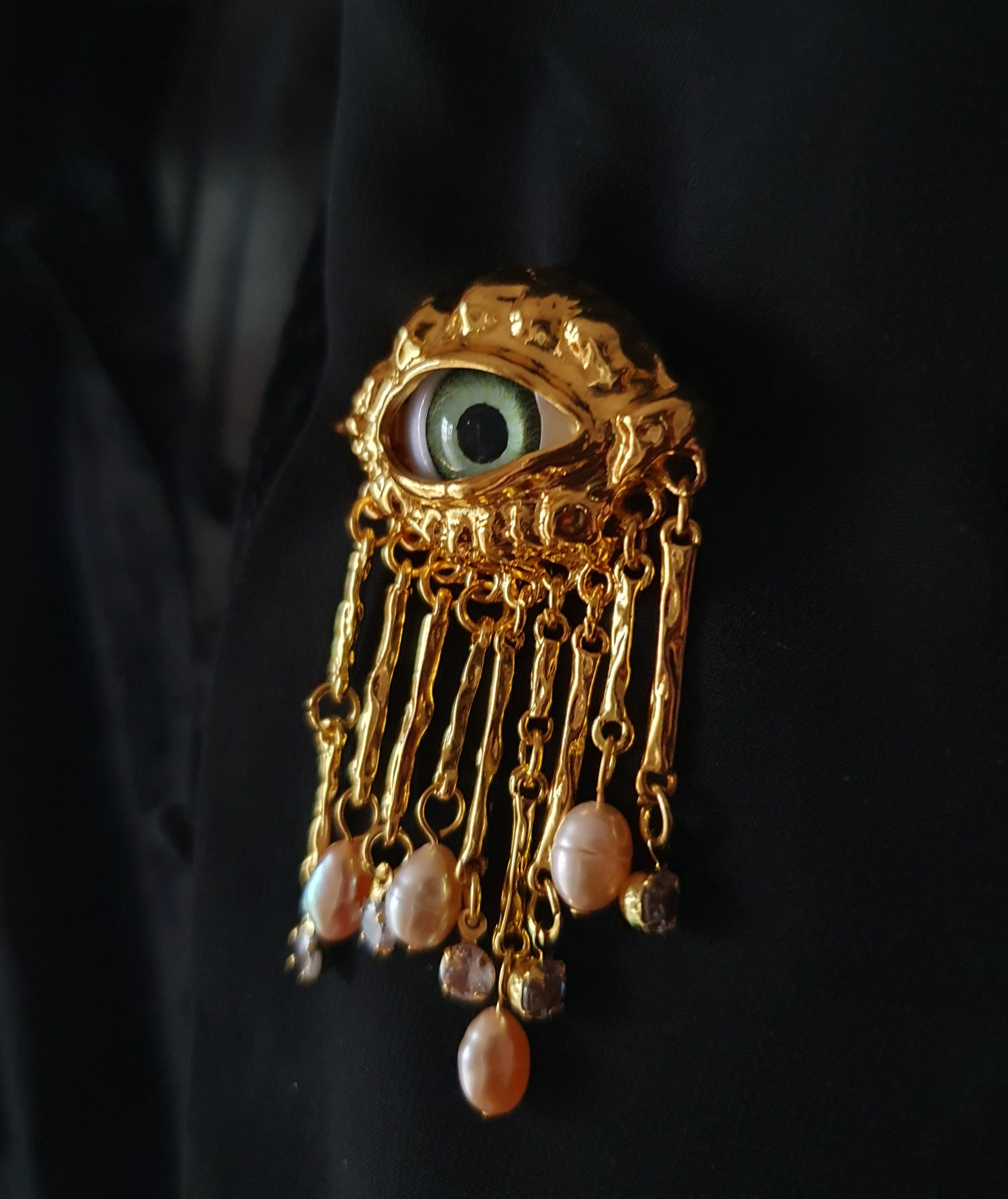 Golden-Tone Guardian Eye Brooch with Acrylic Beads & Crystals - Image 8