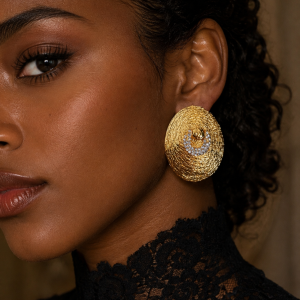 Textured Hammered Gold Statement Earrings with Crystal Crescent Detail