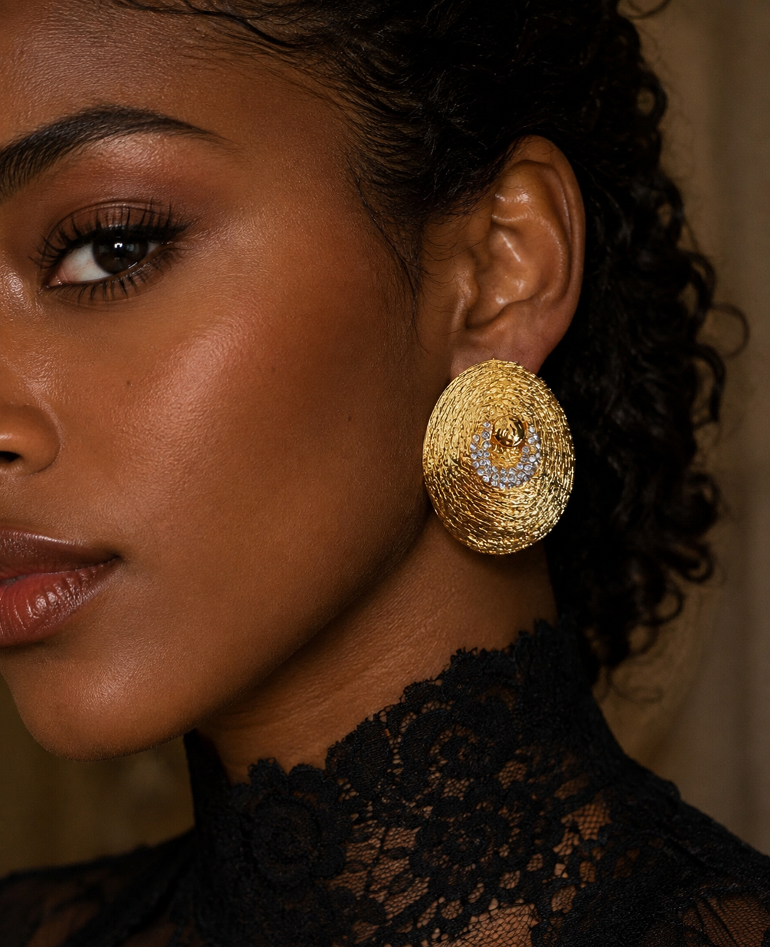 Textured Hammered Gold Statement Earrings with Crystal Crescent Detail