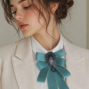 Luxury Teal Satin Jeweled Bow Tie Brooch