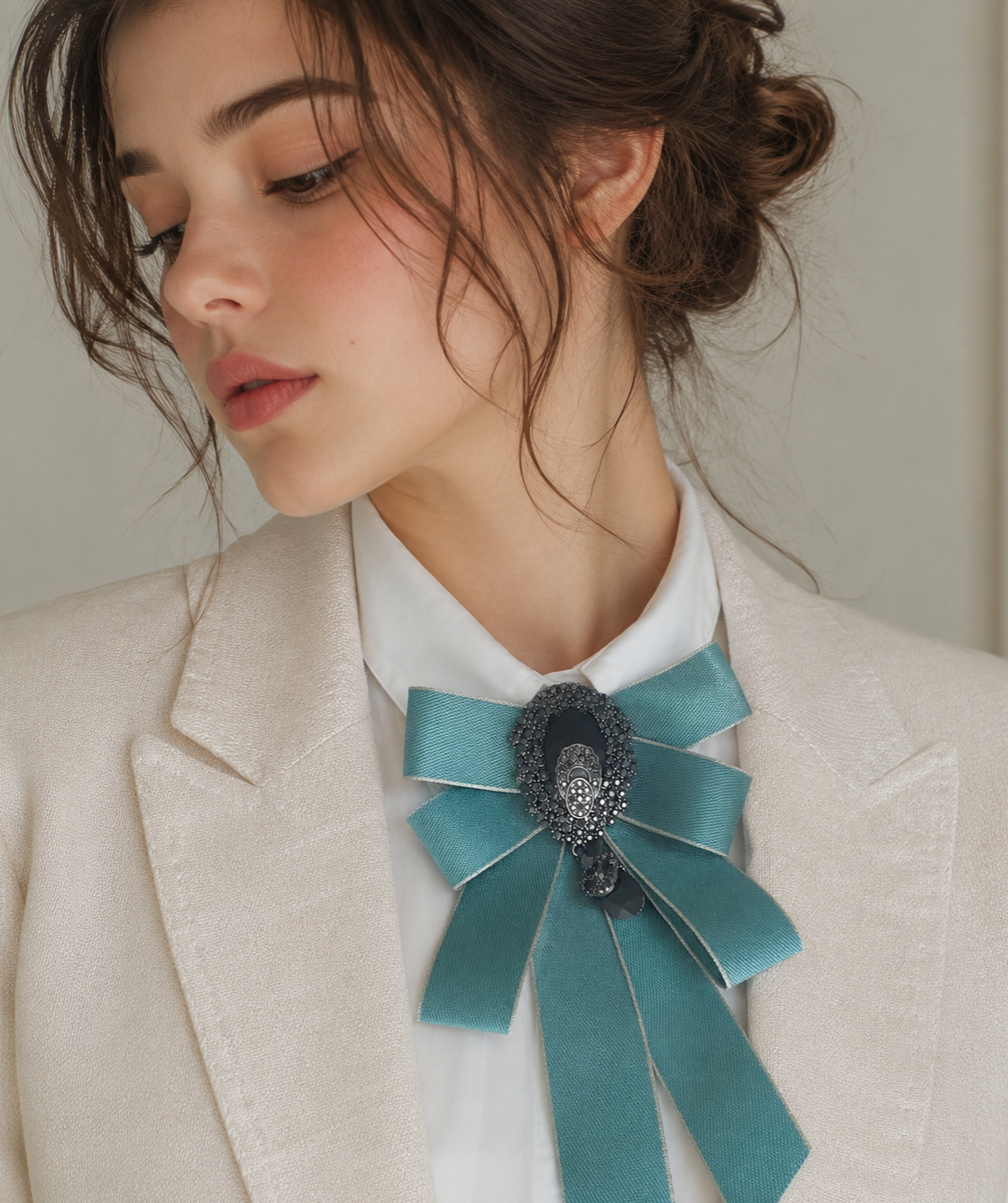 Luxury Teal Satin Jeweled Bow Tie Brooch