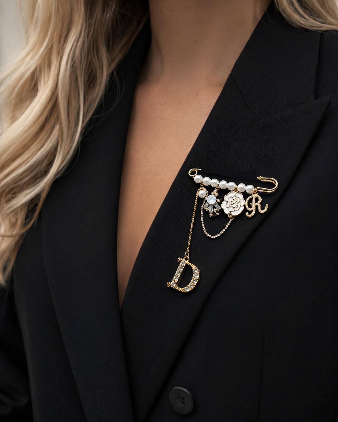 Luxury Gold-Tone Crystal Initial & Floral Brooch - Image 7