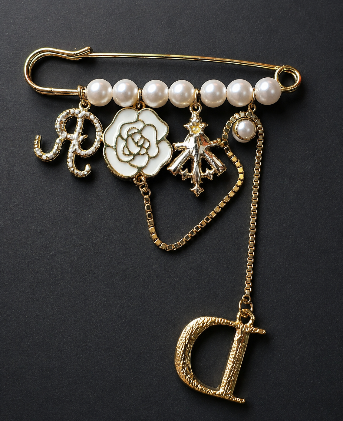 Luxury Gold-Tone Crystal Initial & Floral Brooch - Image 5