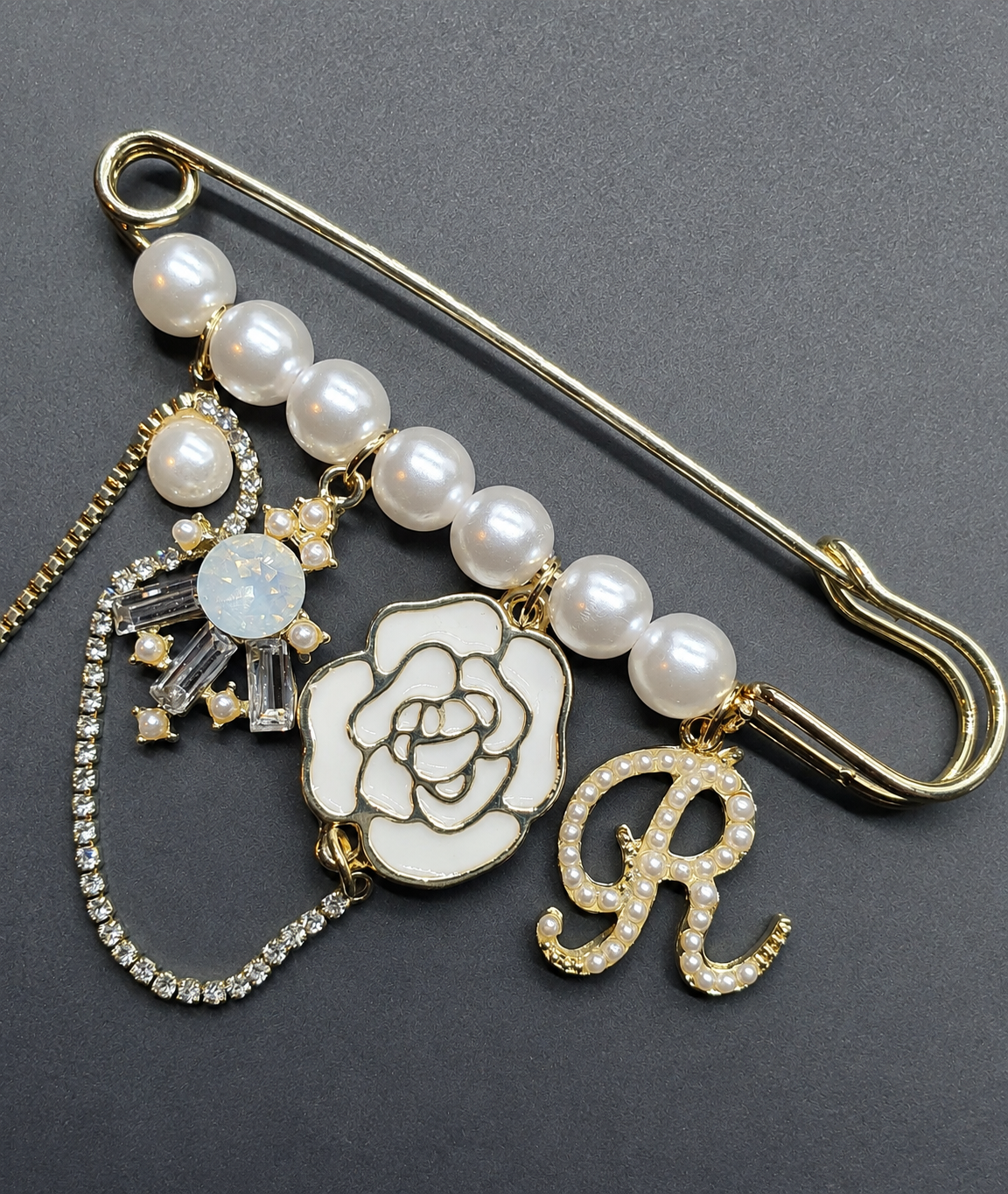 Luxury Gold-Tone Crystal Initial & Floral Brooch - Image 4