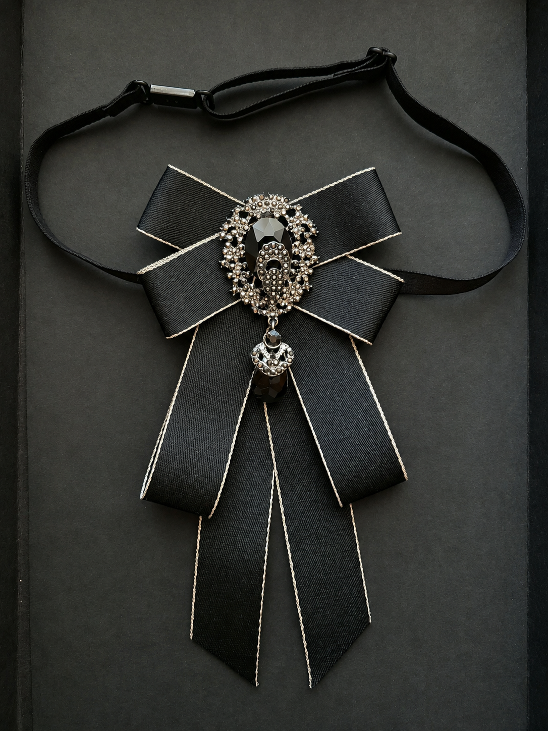 Luxurious Black Satin Gothic Jeweled Bow Tie Brooch - Image 2