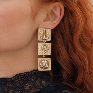 Surrealist Sculptural Statement Earrings – Hammered Gold-Tone Art Deco Dangles