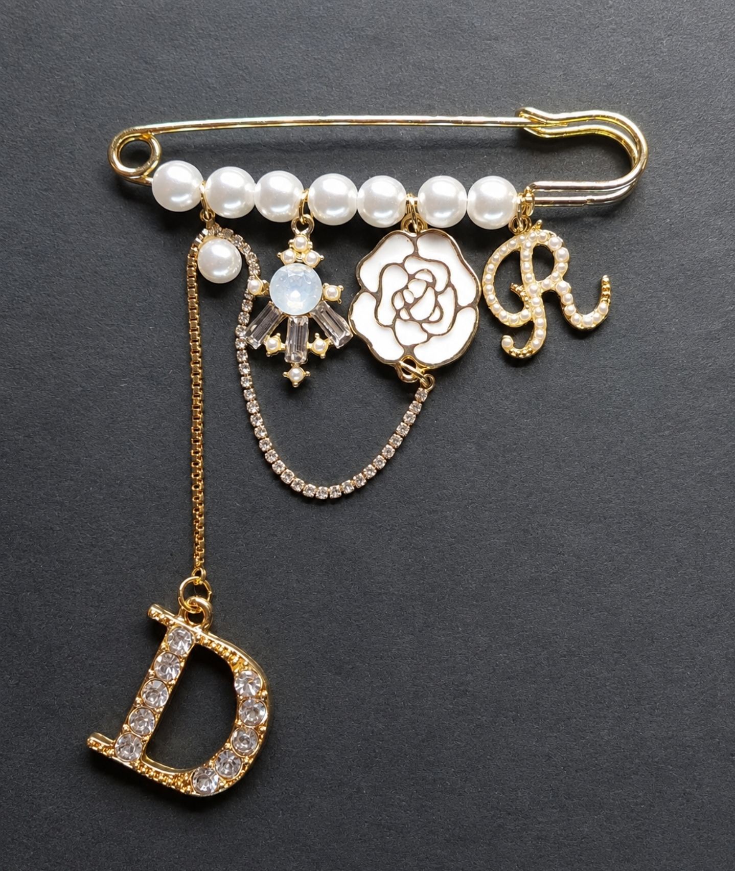 Luxury Gold-Tone Crystal Initial & Floral Brooch - Image 3