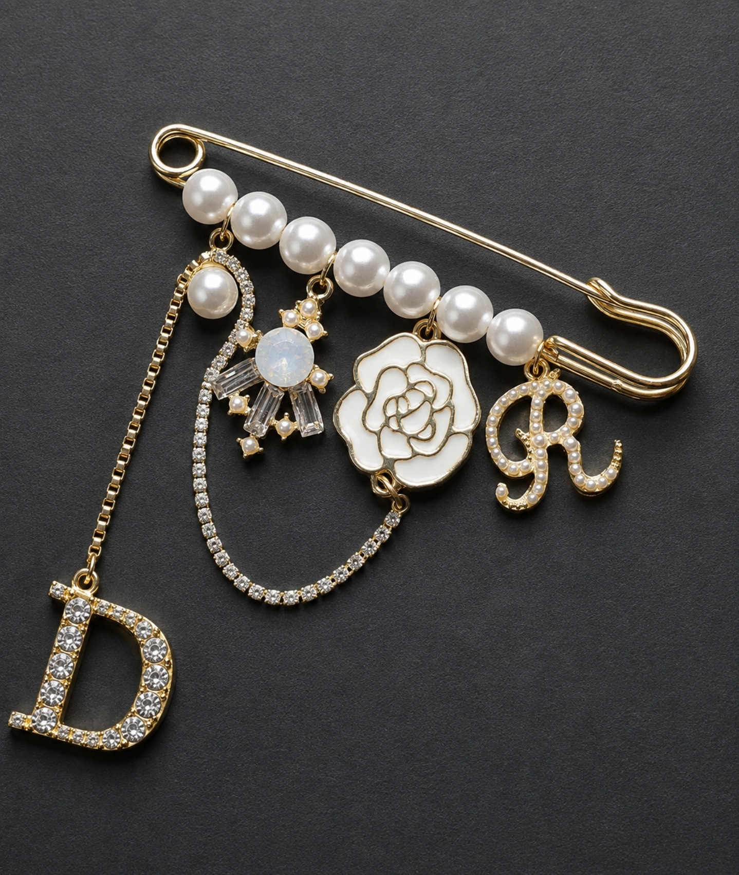 Luxury Gold-Tone Crystal Initial & Floral Brooch - Image 2