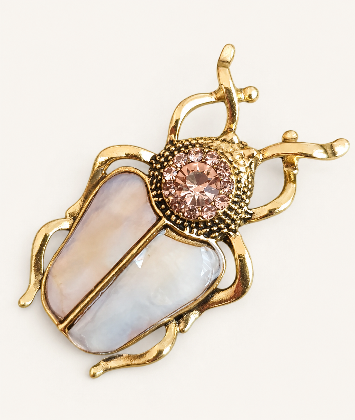 White Wing Beetle Crystal Gold-Tone Brooch