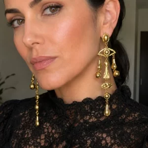 Artistic Abstract Face Long Gold-Tone Earrings