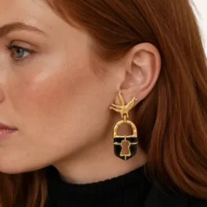 Vintage Swallow and Black Padlock Earrings