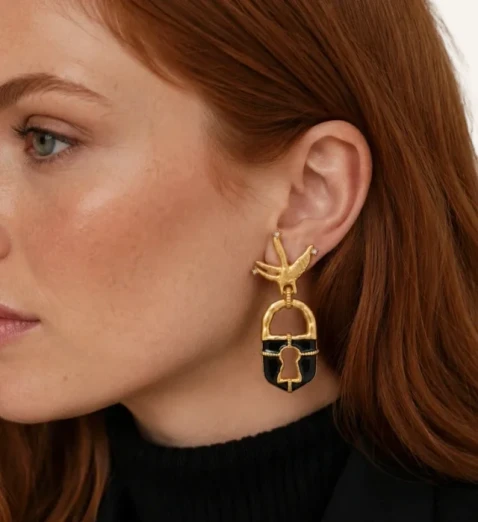 Vintage Swallow and Black Padlock Earrings