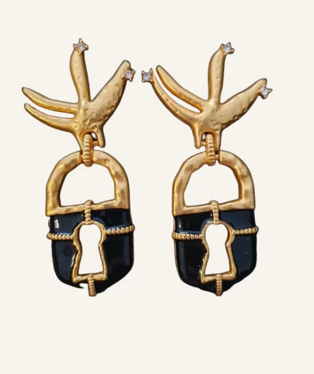 Vintage Swallow and Black Padlock Earrings - Image 2