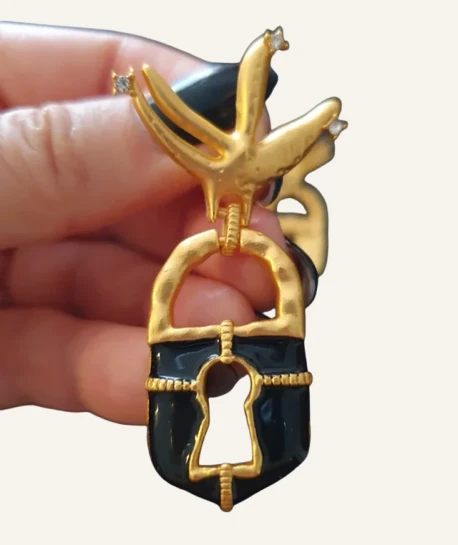 Vintage Swallow and Black Padlock Earrings - Image 6